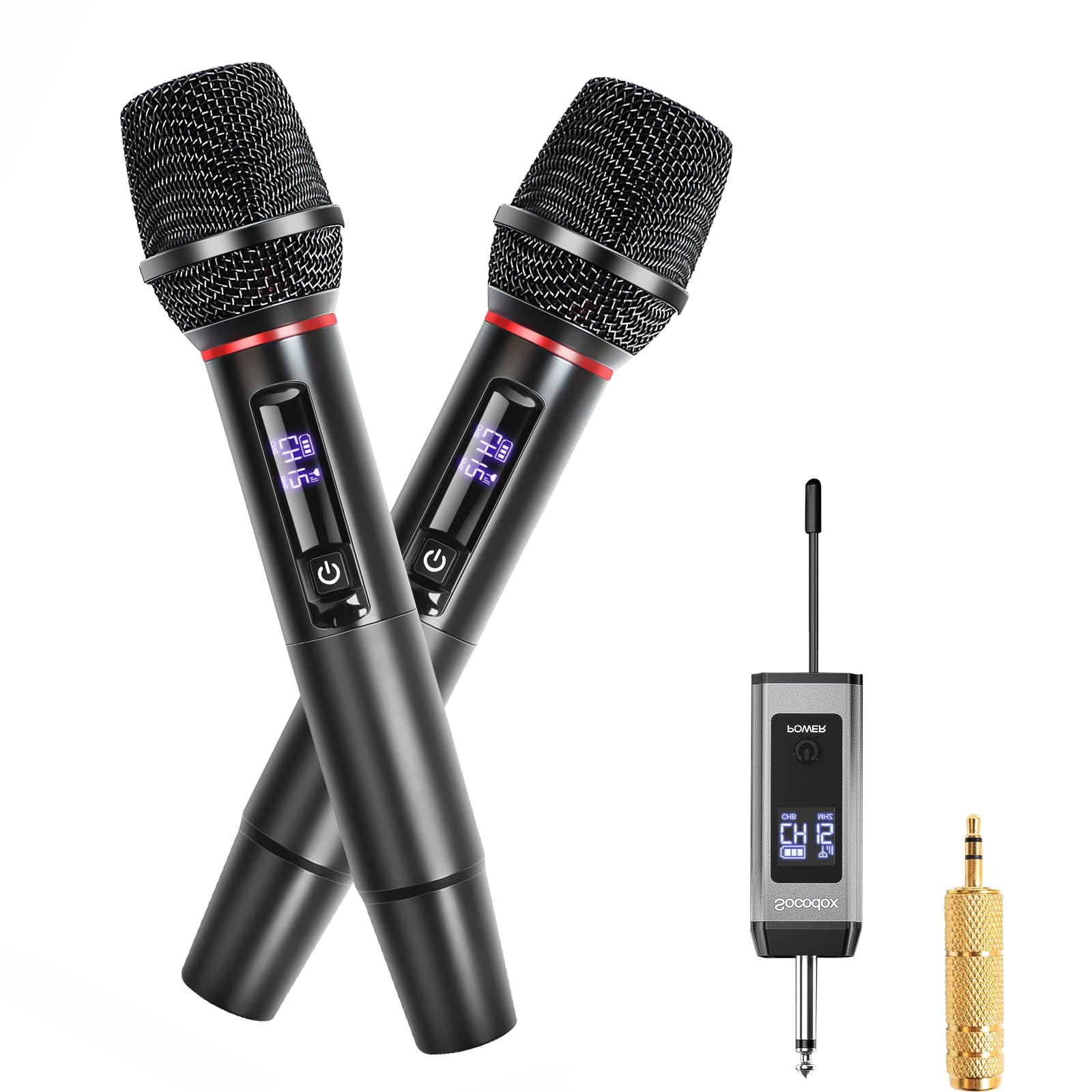 socodox Wireless Microphone System for Karaoke, Dual UHF Metal Wireless Mic with Rechargeable Receiver, for PA System, Speaker, Party, DJ, Wedding, Church (Black)
