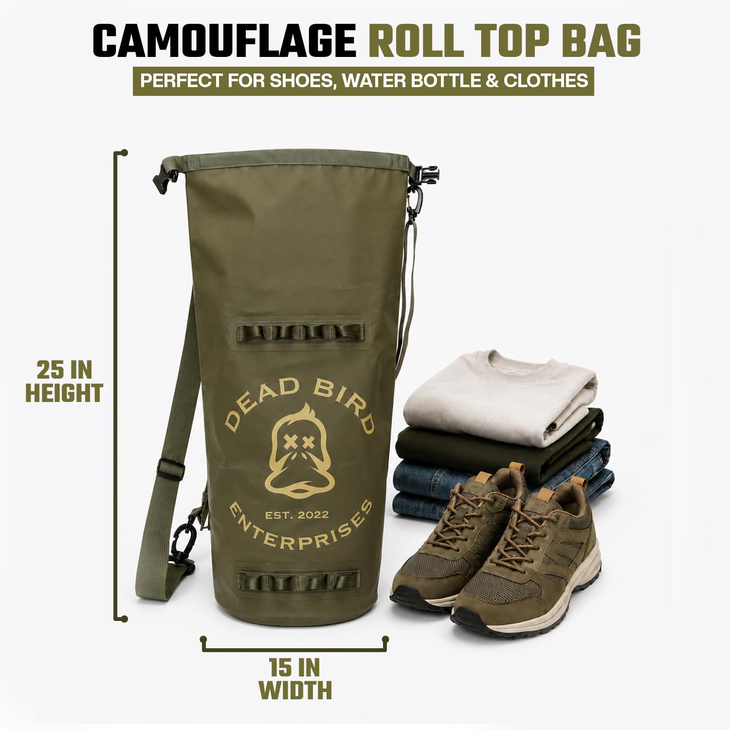 Dead Bird Enterprises Wasserdichter 20-Liter-Trockensack, militärgrüne Muscheltasche mit Roll-Top-Verschluss für Entenjagd, Kajakfahren, Camping, Strand, Bootfahren und Angeln, 500D PVC-Plane