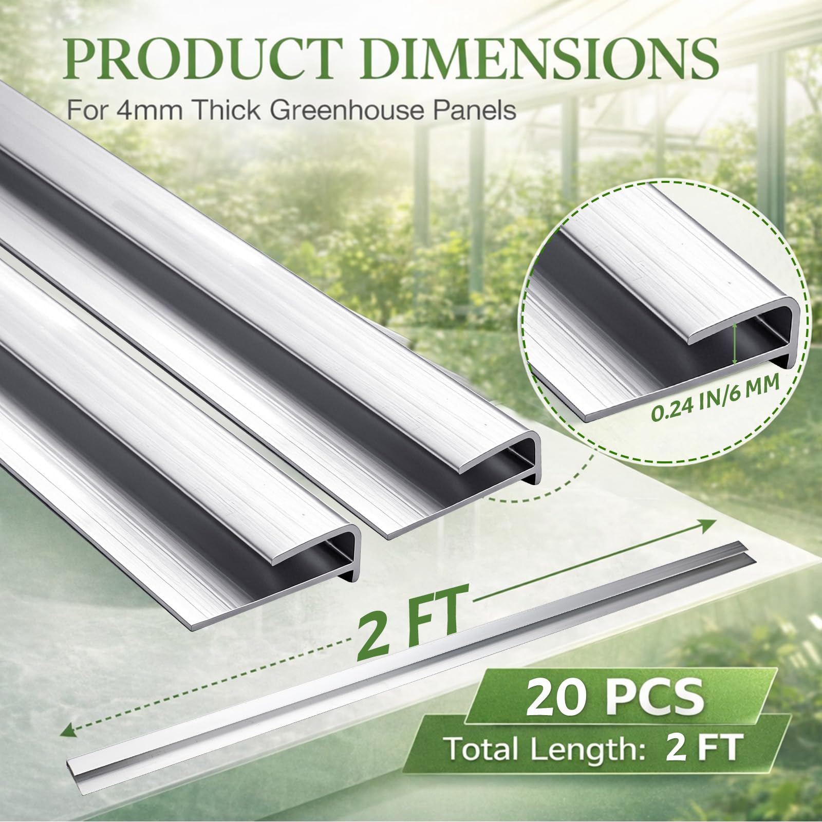 Tandefio 20 Stück 0,6 m Aluminium-U-Steckverbinder, Gewächshausplatten, passend für 6 mm Polycarbonat-Gewächshausverbinder, silberfarben, U-K-Dachzubehör, verbinden Sie 2 Paneele zusammen
