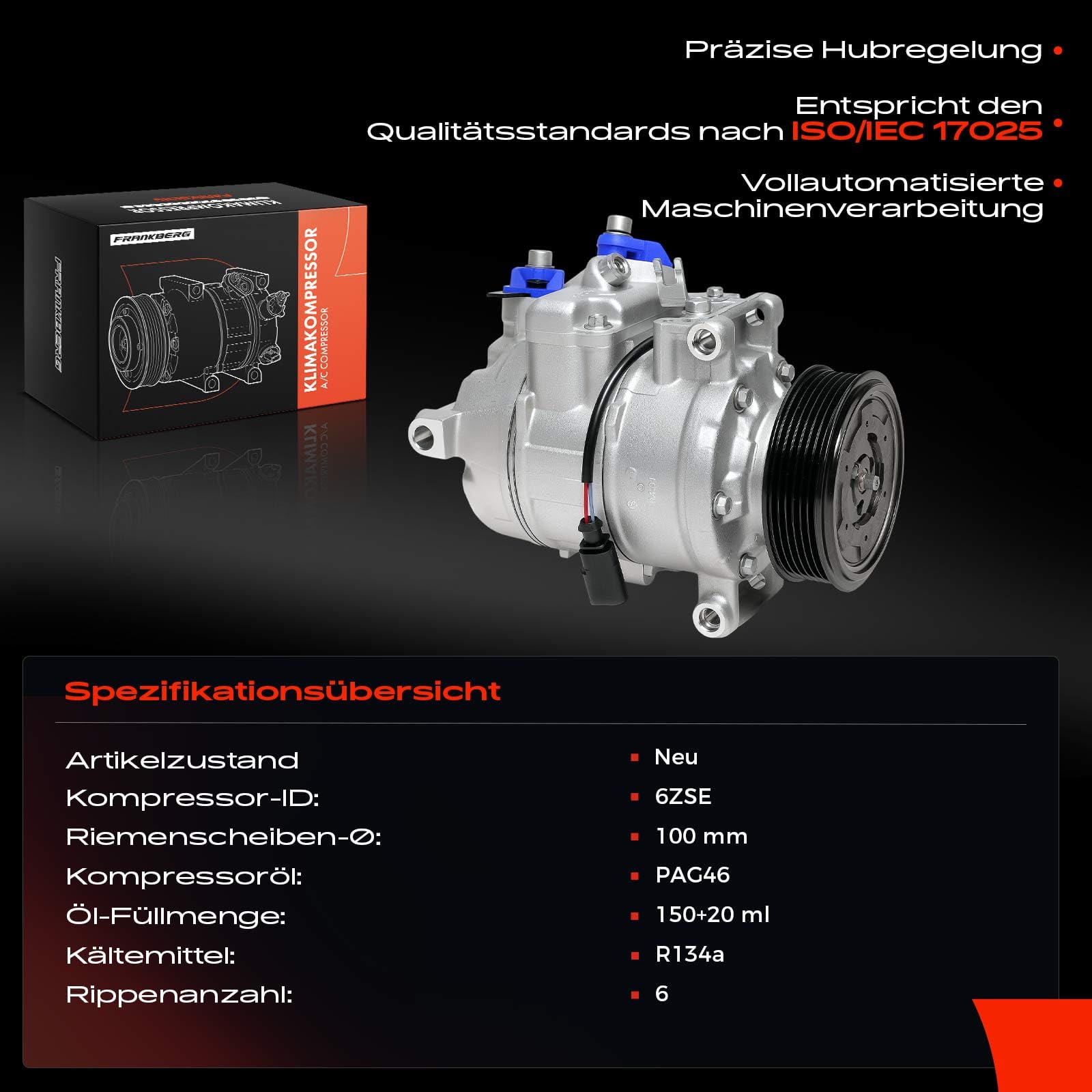 Frankberg Klimaanlagen Kompressor Klimakompressor mit Kupplung Kompatibel mit A4 8E2 8EC 8H7 8HE 8E5 8ED A6 4F2 4FH 4F5 A8 4E2 Q5 8RB Replace# 8E0260805BA, inkl. Öl vorbereift