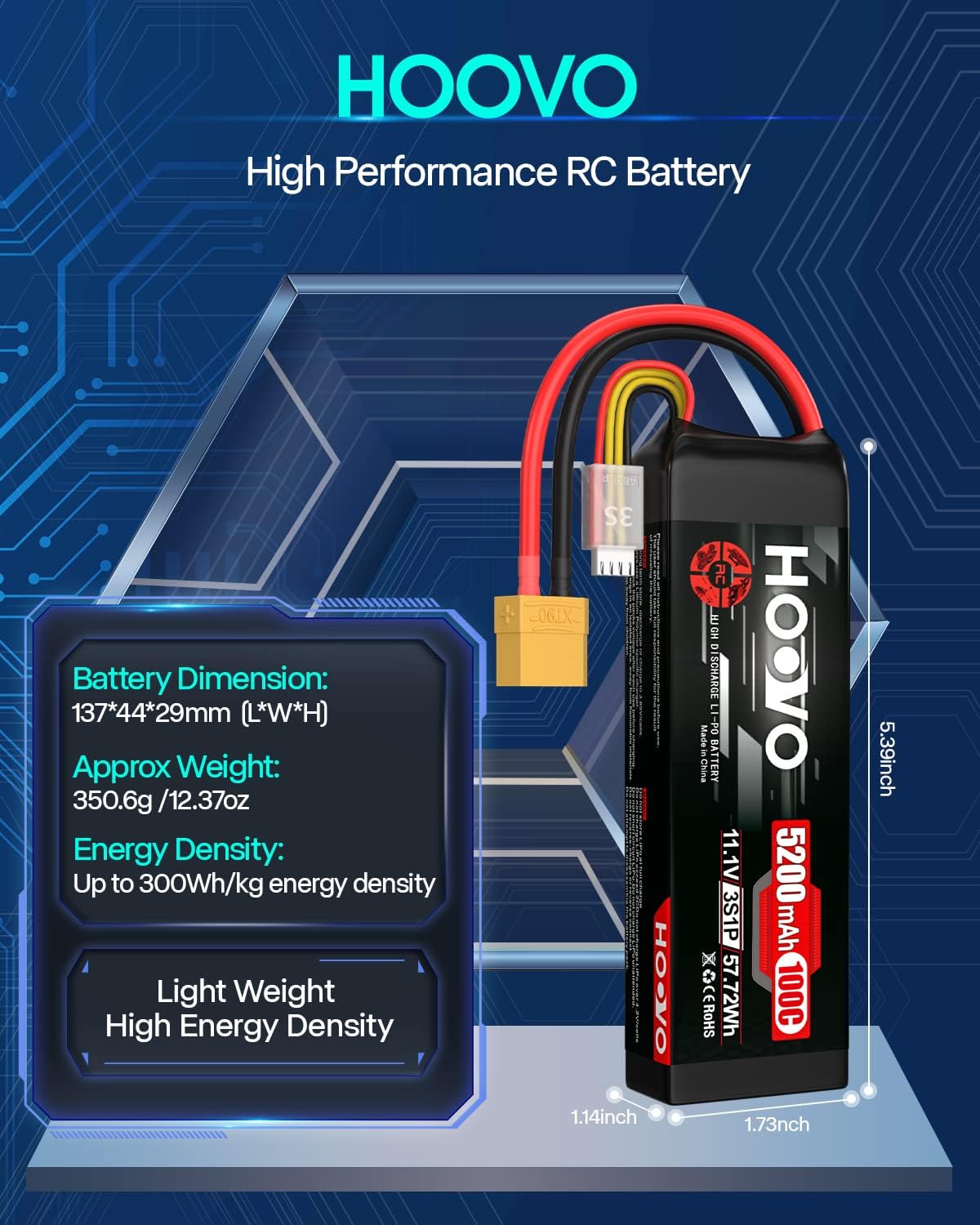 HOOVO 3S 11.1V 5200mAh 100C Lipo Battery with XT90 Connector for RC Car RC Helicopter Airplane Quadcopter UAV Drone FPV (2 Packs)