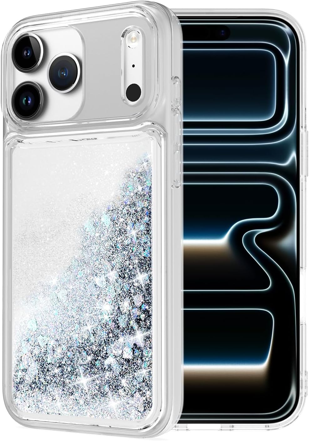 for iPhone 17 Pro Max Case, Bling Flowing Liquid Floating Sparkle Colorful Glitter Waterfall TPU Protective Phone Case 6.9",Silver