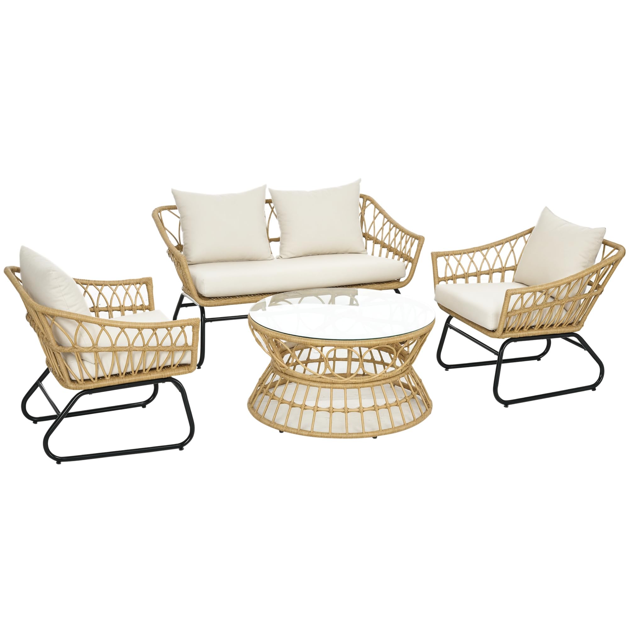 Outsunny Salon de Jardin 4 pièces en résine tressée canapé 2 Places + 2 fauteuils + 1 Table Basse Plateau Verre trempé 7 Coussins - Structure en Acier - Sable et crème