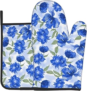 Blue Flowers Oven Mitts and Pot Holders Watercolor Wildflowers Heat Resistant Oven Mitts Safe for Baking Cooking BBQ