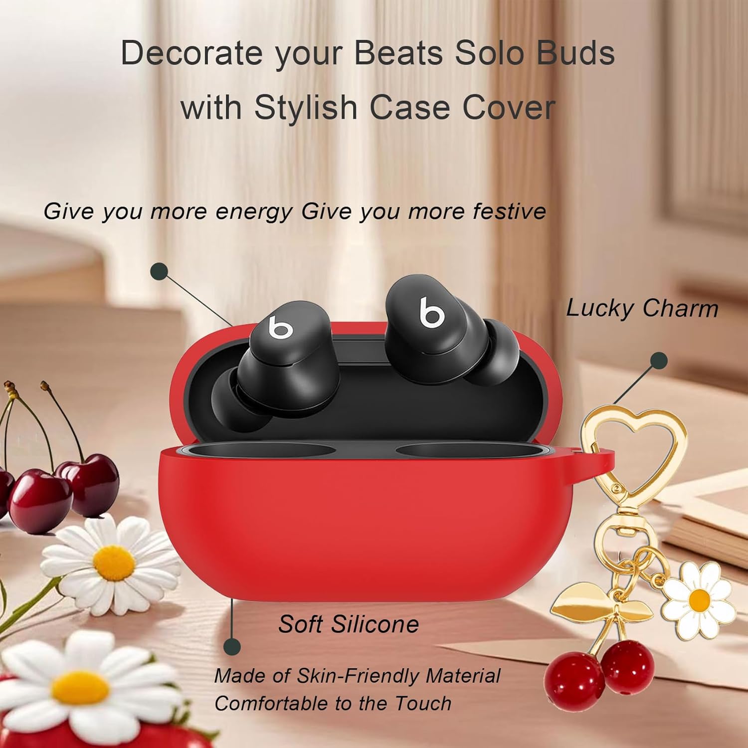 Protective Case for Beats Solo Buds Case Cover with Cute Cherry Charm Heart Keychain, Soft Silicone Daisy Key Chains Accessories for New Beats Solo Charging Case Earbuds for Women Men Red - Image 7