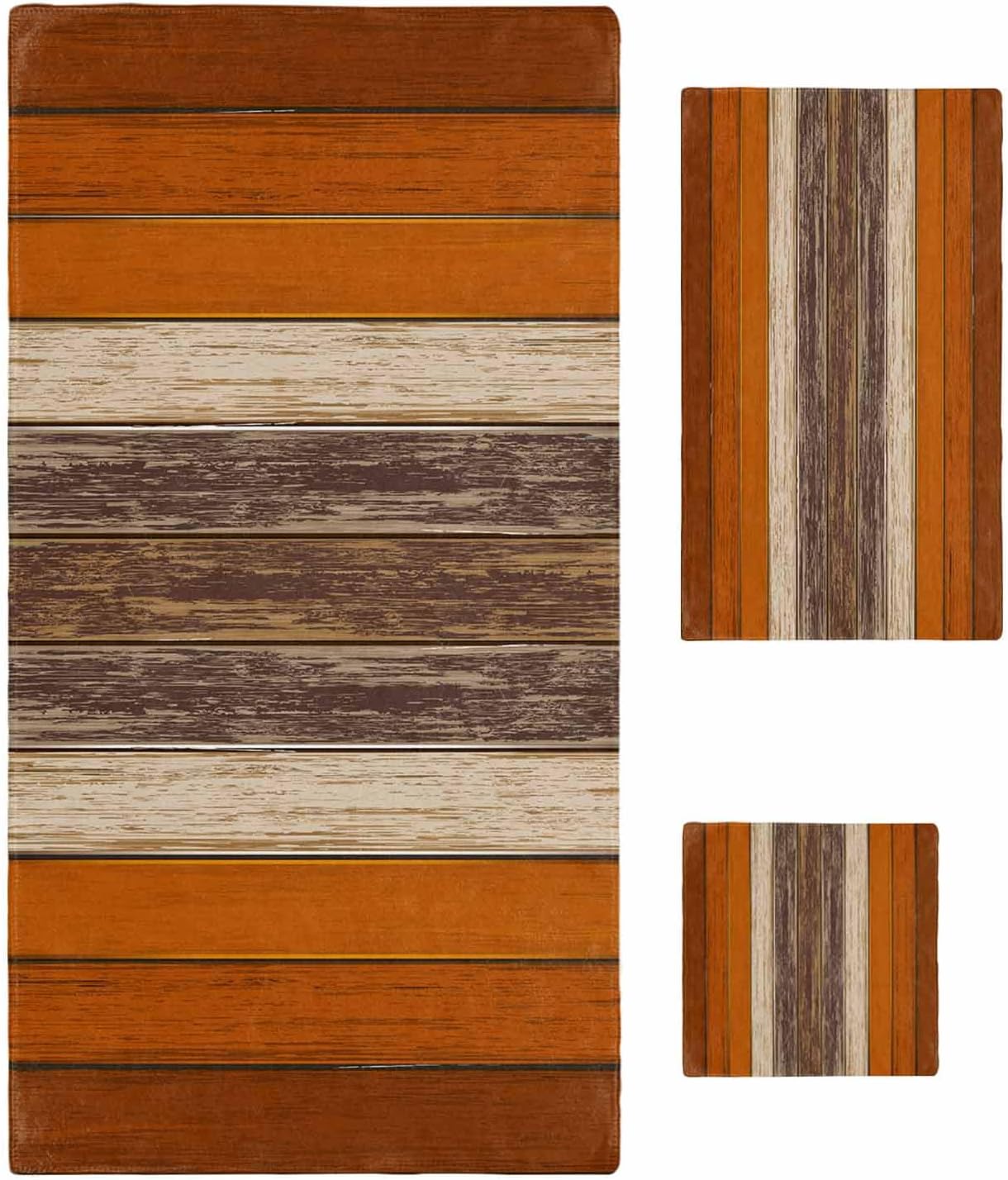 DecorLovee Farmhouse Burnt Orange Brown Bath Towel Set of 3 with Hand Towel, Washcloth - Soft Absorbent Luxury Towels for Bathroom/Kitchen/Beach, Vintage Country Wooden Towel Set