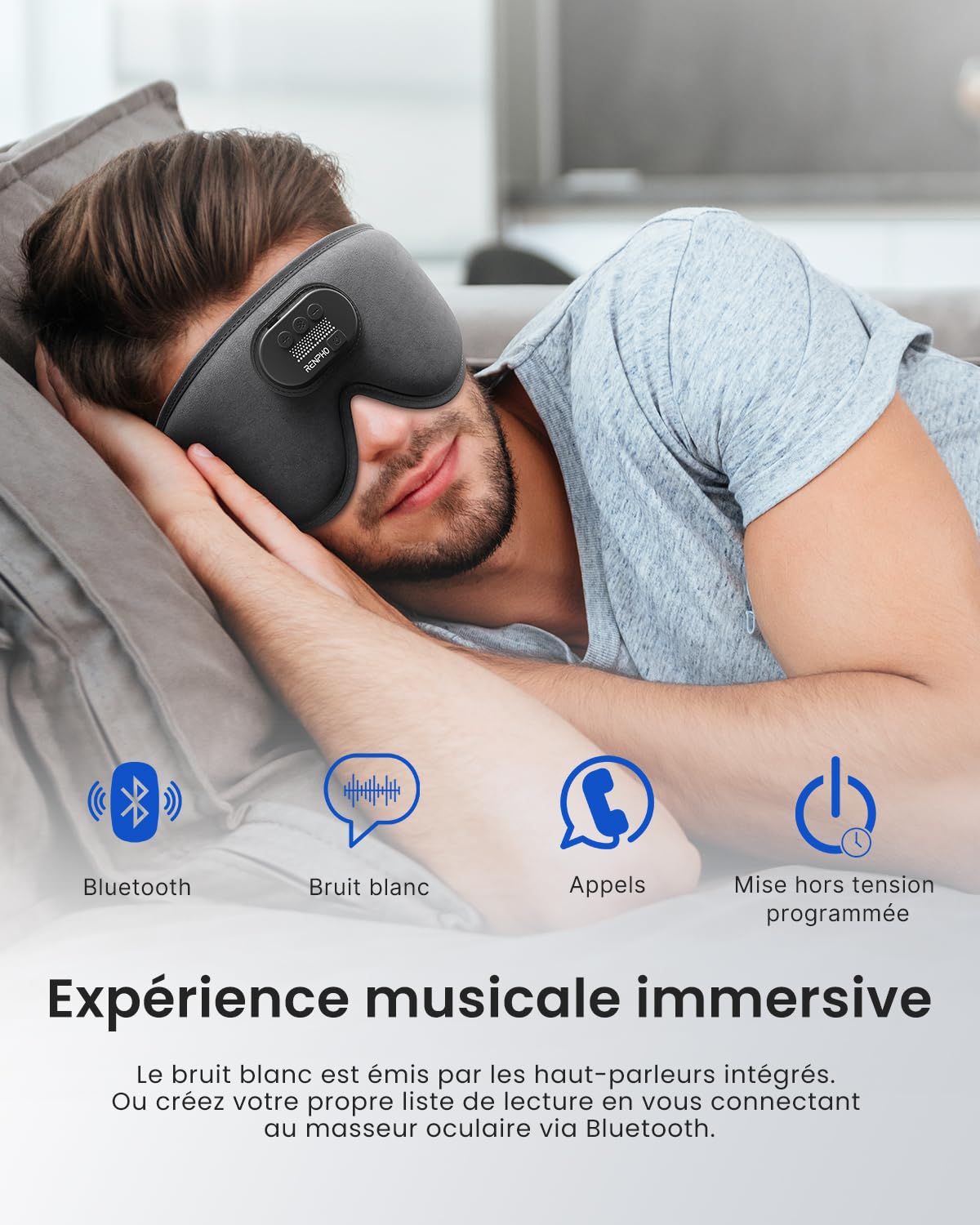 Renpho Casque anti-bruit Sommeil, Cadeau Fête des Mères, Cadeau Femme, avec écouteurs Bluetooth V5.2, Masque de Sommeil sans fil occultant 3D ultra-doux, masque oculaire confortable pour la nuit