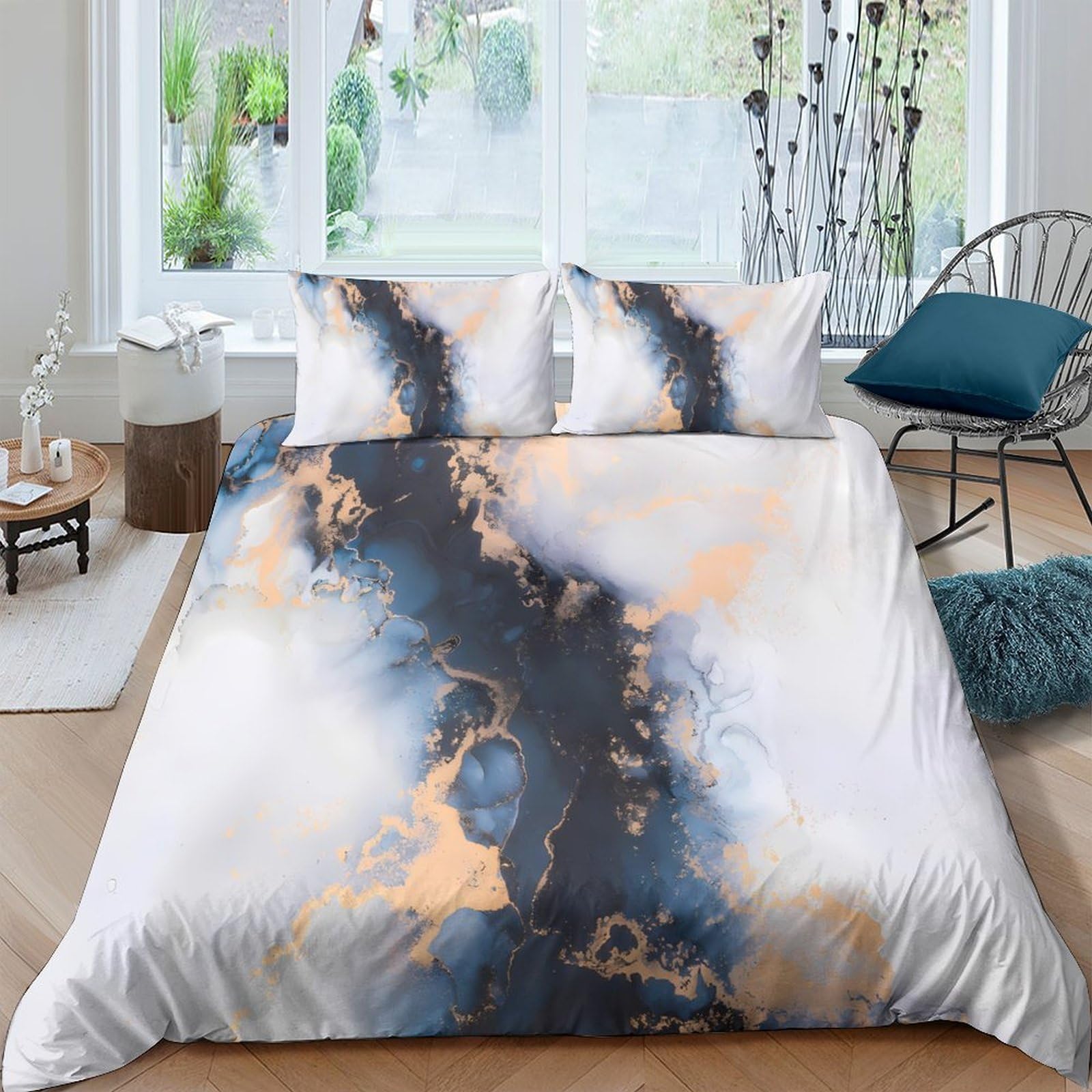 Ctjqhvkz Style-1 3D Printed Abstract Ink Art Fitted Sheet Microfiber Blue Gold Swirl Mattress Cover For Bedroom Dorm Decor Single（135X200cm）