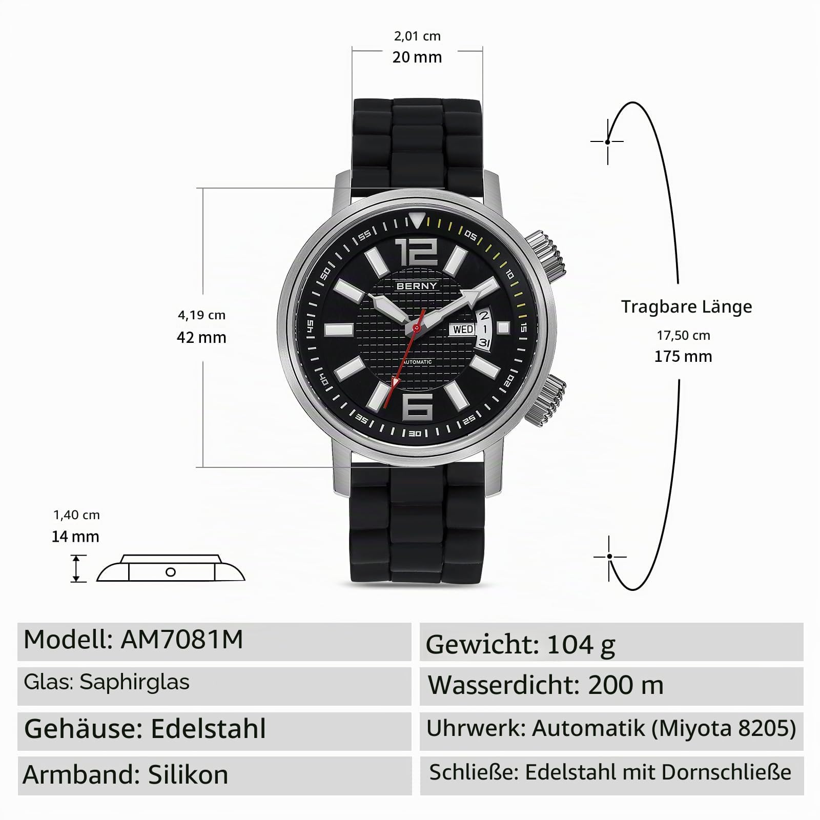 BERNY Automatische Mechanische Taucheruhr Für Herren Selbstaufziehend Silikonarmband Armbanduhr Wasserdicht 20 ATM Saphirglas Kratzfest Mechanisch Taucheruhr