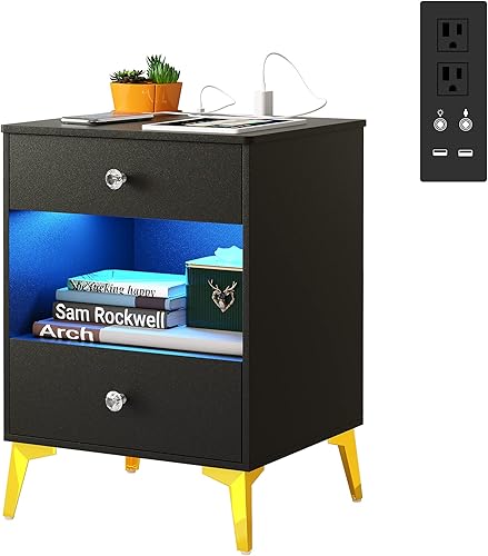 Dystler Mesitas de noche modernas con 2 puertos USB, mesita de noche para dormitorio, mesa auxiliar inteligente con enchufe de alimentación y 2