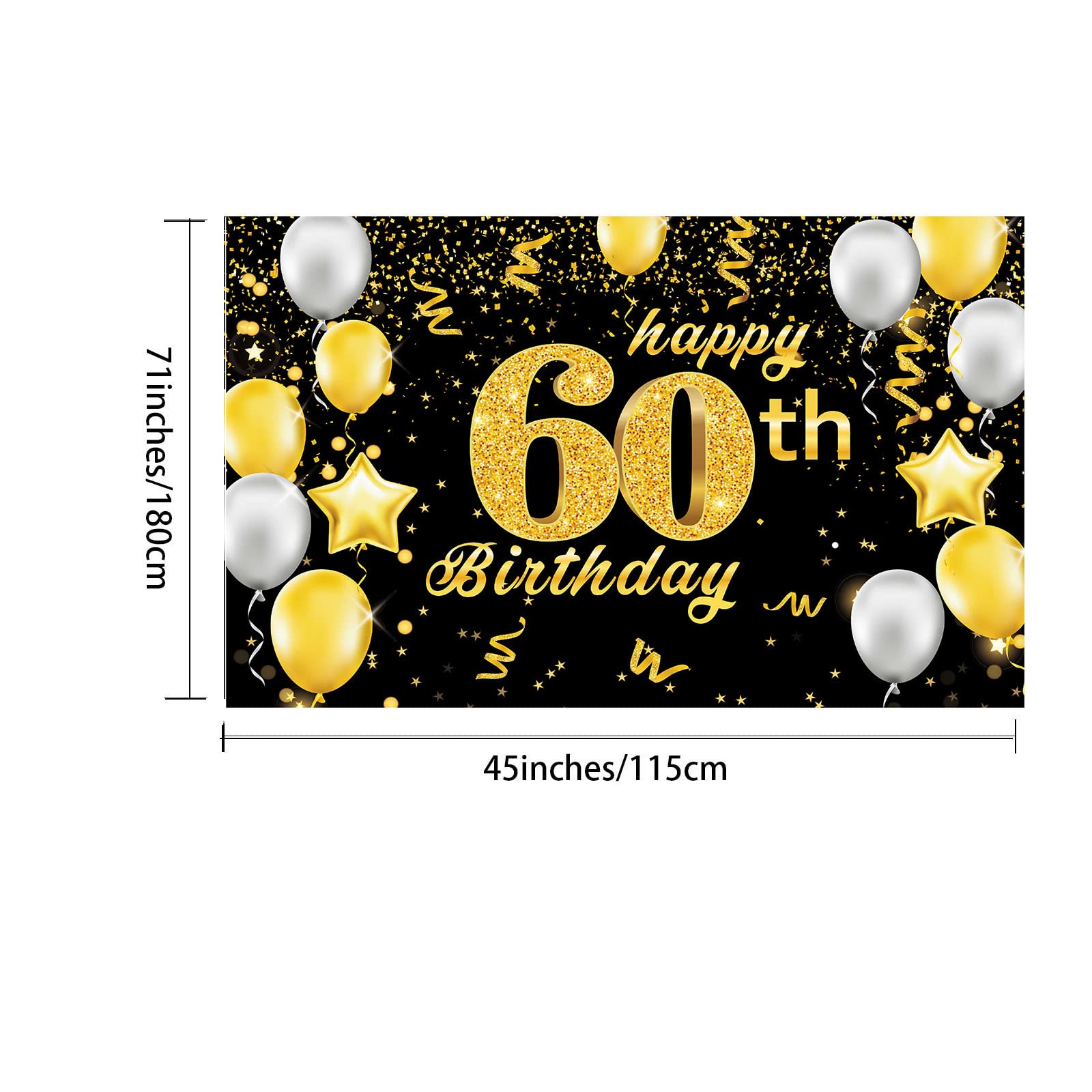 Banner Per 60° Compleanno Nero Oro - Striscione In Tessuto 185x110 Cm Con Sfondo Fotografico