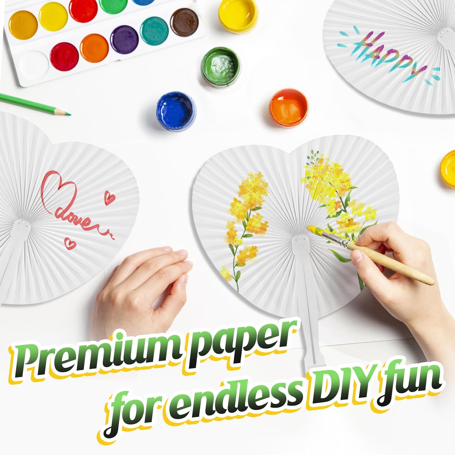 Cosweet 100 Pack White Folding Fans- Round and Heart Shaped Handheld Folding Accordion Paper Fans Assortment with Plastic Handle for Wedding Birthday Celebration Party Favors Bag Filler (2 Styles)