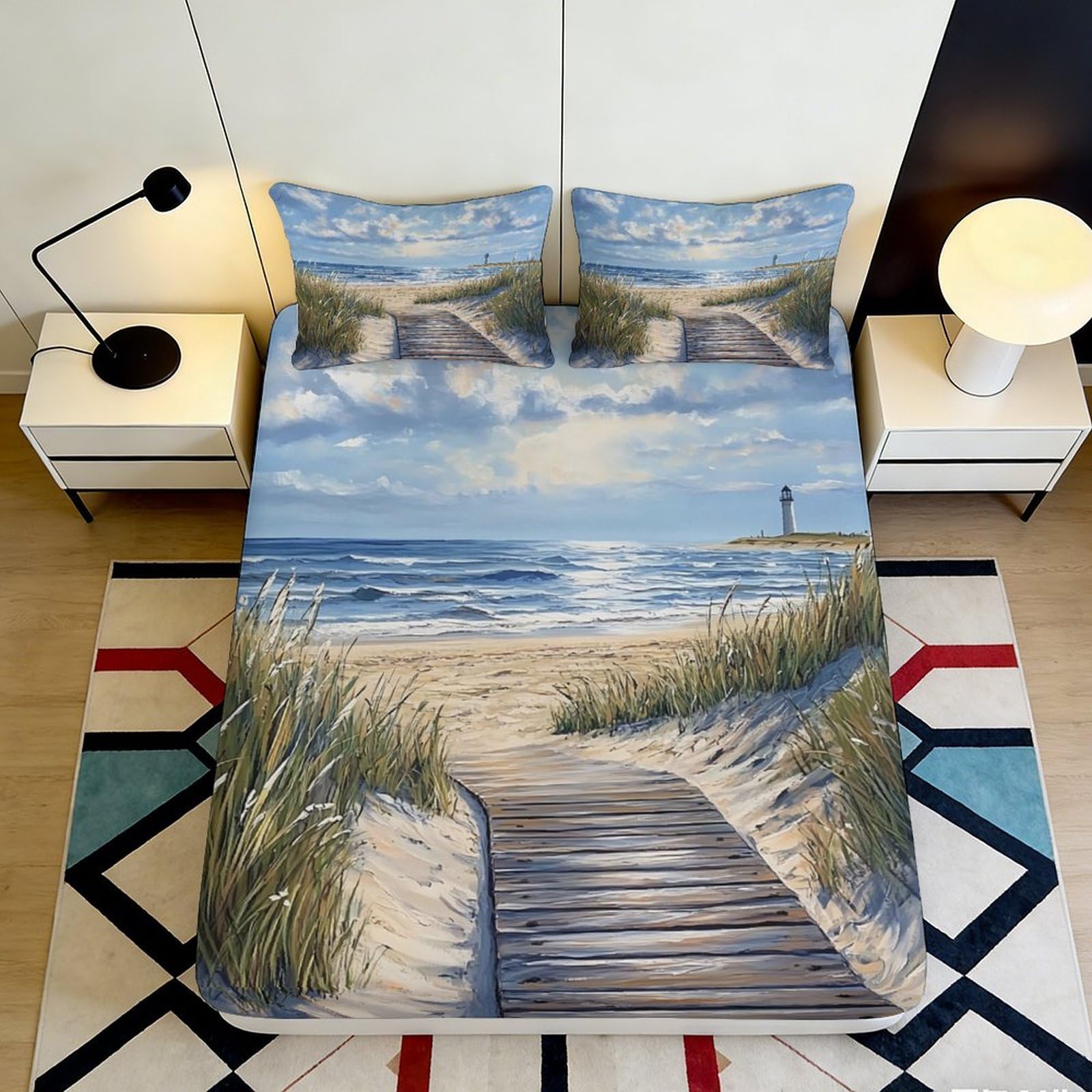 3D Printed Seaside Path Fitted Sheet Microfiber Soft Beach Lighthouse Mattress Cover for Bedroom Guest Room Decor 90x200x25cm