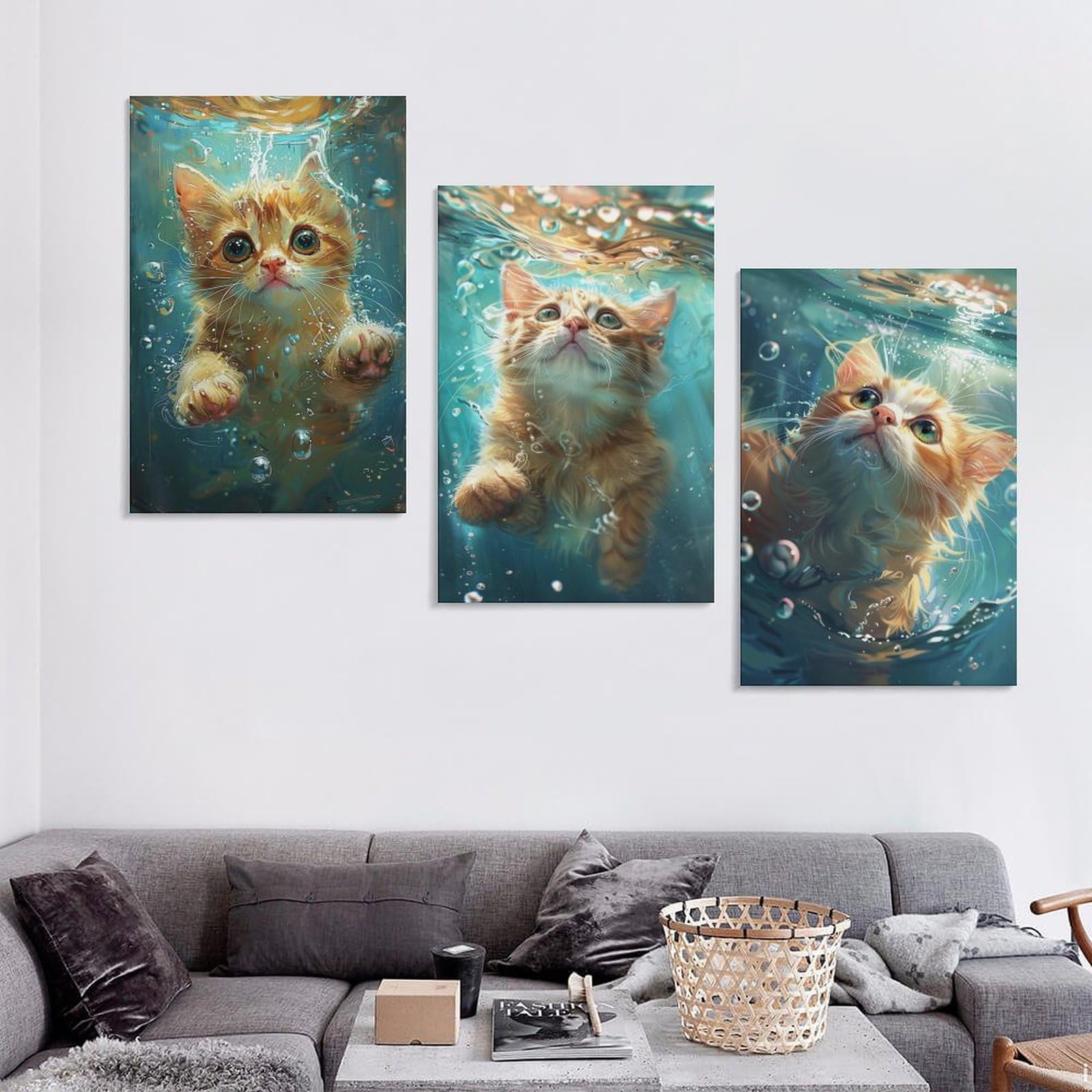 Amazon.co.jp: 3枚 水の中のかわいいオレンジ色の猫 絵画 インテリア