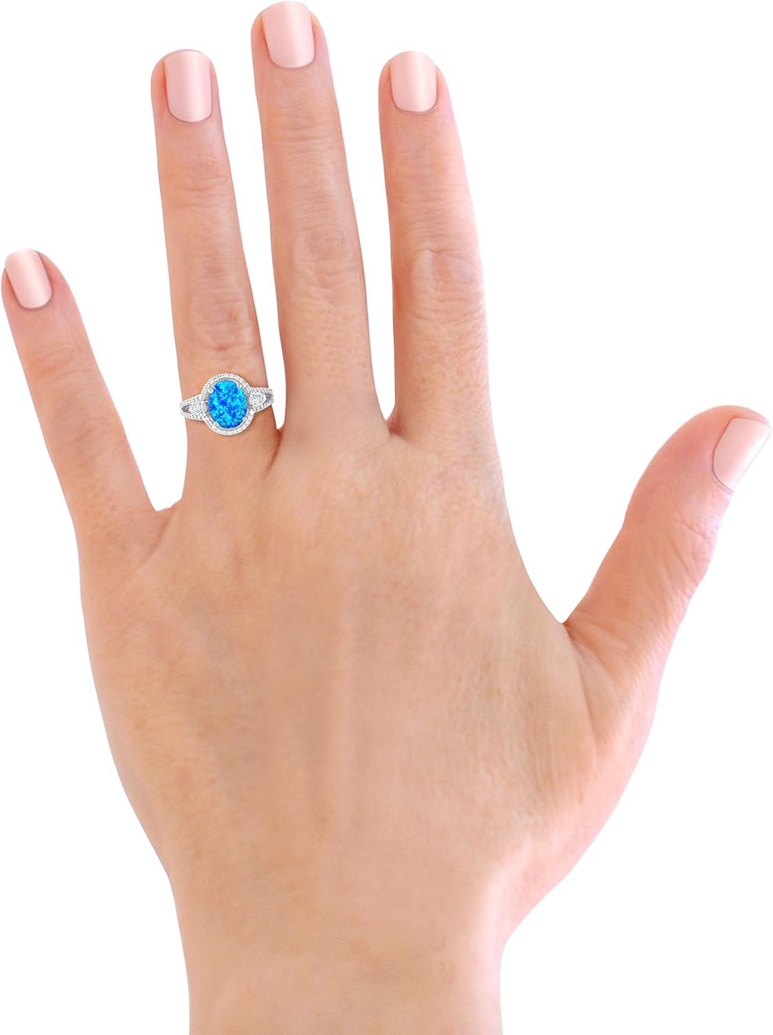 Savlano 14K White Gold Plated Created Oval Blue Opal Stone with Cubic Zirconia Ring for Women - Comes With a Gift Box - Image 4