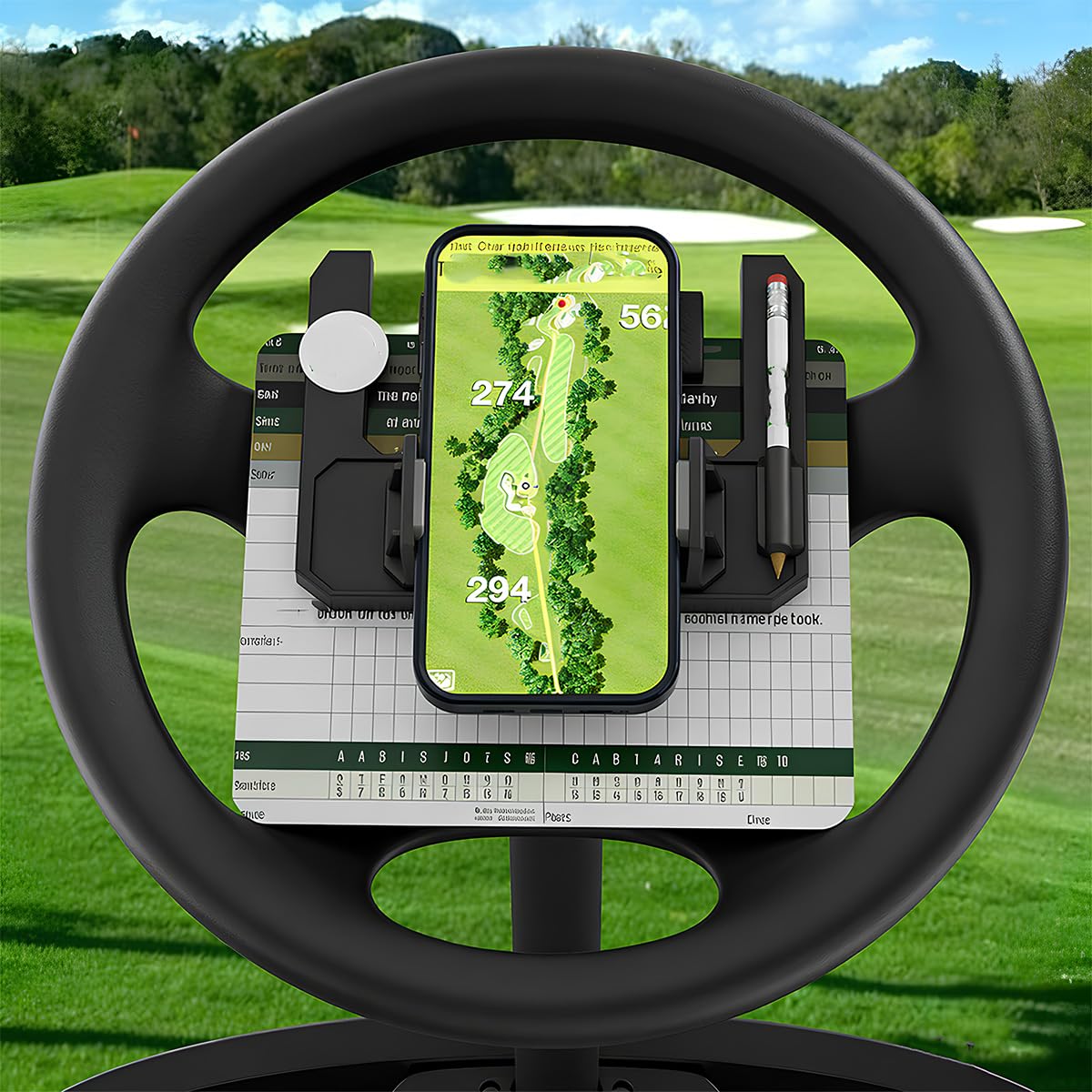 Golf Cart Steering Wheel Phone Holder, Flip Up Phone Holder with Scorecard Slot Secure Spring One‑Hand Operation Spring Quick Clamp for Club Car EZGO Yamaha — view 3