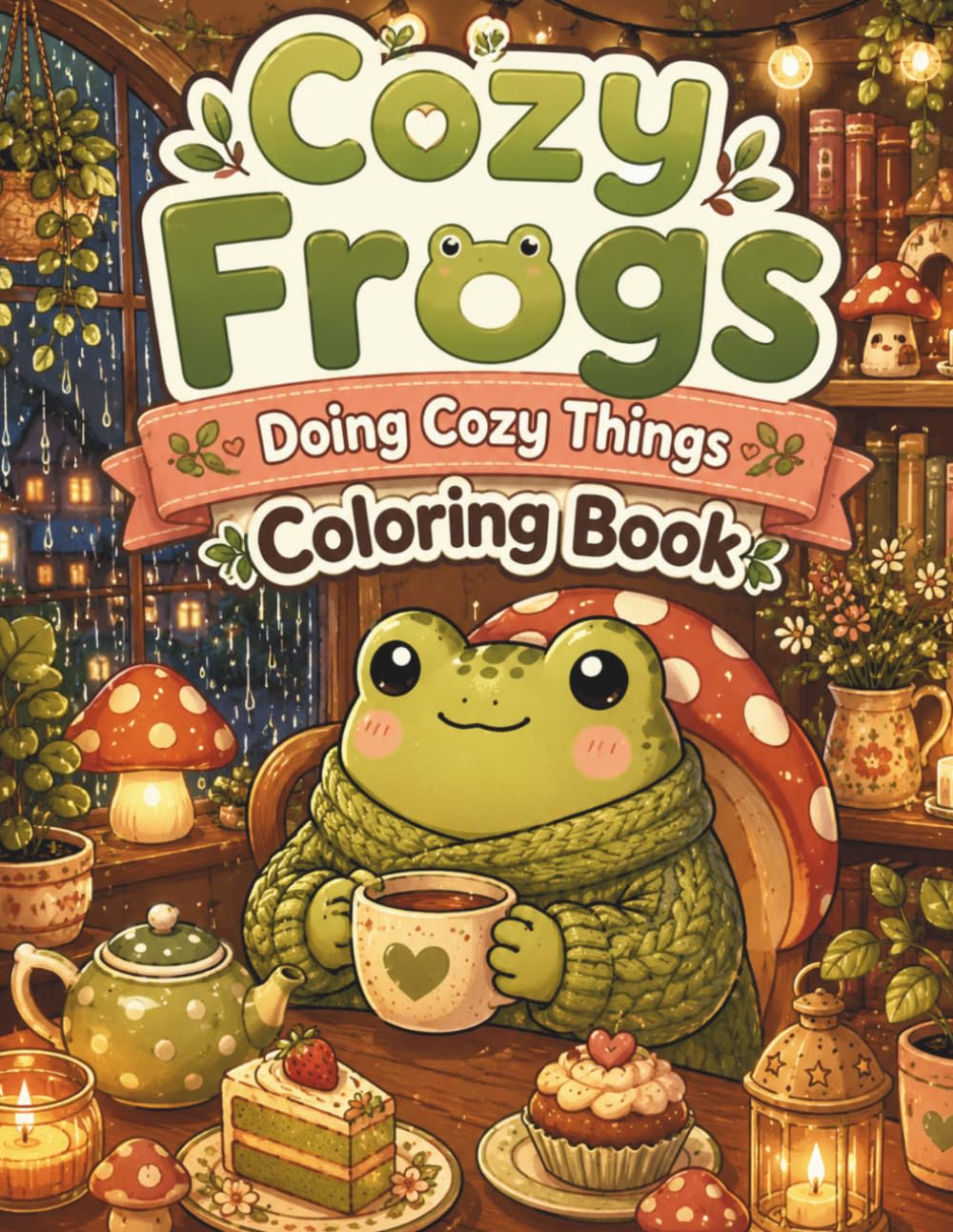 Cozy Frogs Doing Cozy Things Coloring Book: Bold and Easy Cute Frog Coloring Pages with Mushroom Houses, Rainy Days, Baking, Tea Time, Gardening, and Relaxing Cottagecore Scenes for Teens and Adults