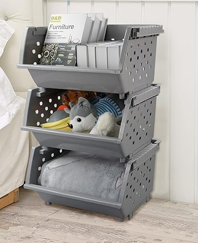 Miniatura 6 de Paquete de 3 cestas de almacenamiento apilables, contenedores organizadores apilables de plástico