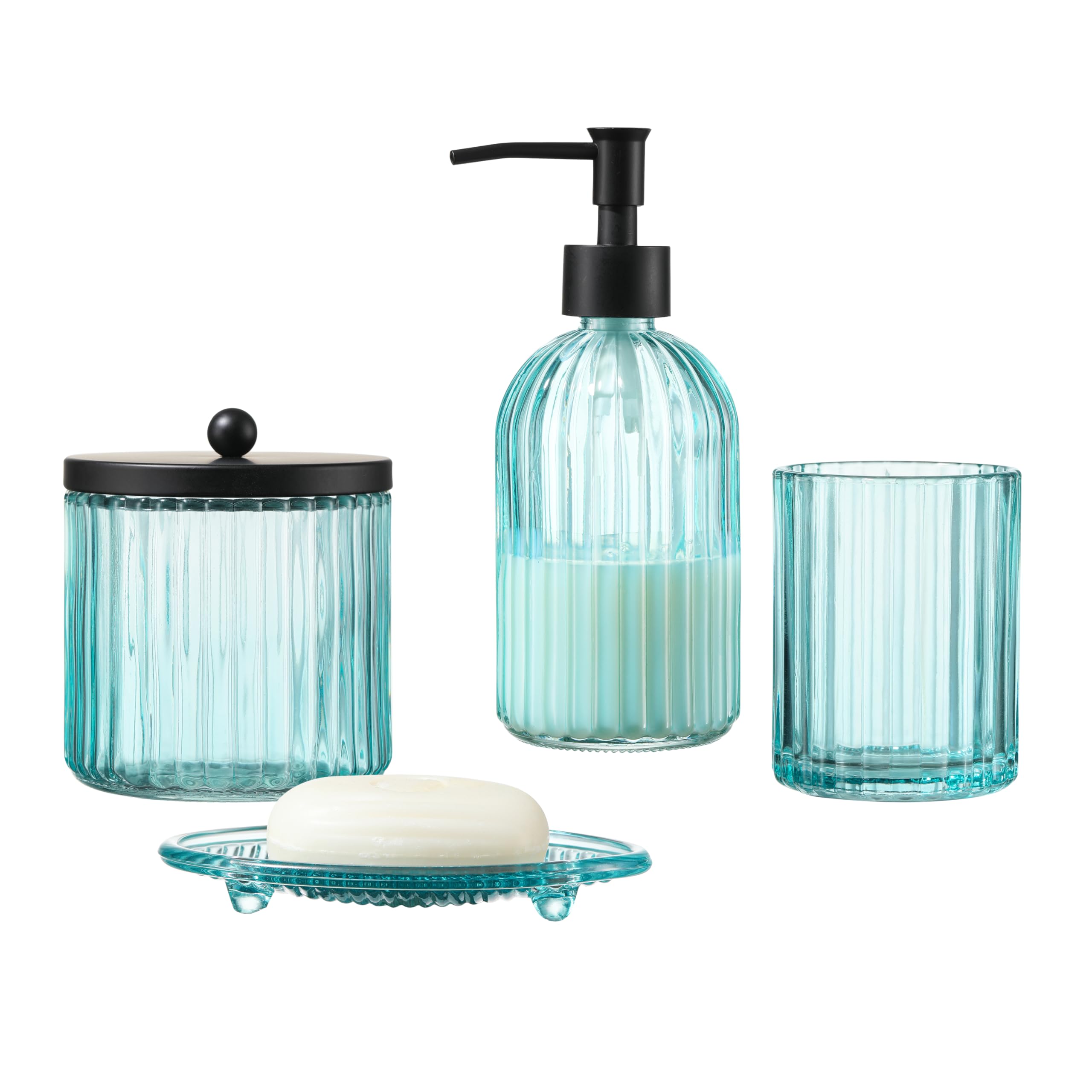 4PCs Heavy Weight Decent Glass Bathroom Accessories Set with Decorative Pressed Pattern - Includes Hand Soap Dispenser & Tumbler & Soap Dish & Toothbrush Holder (Blue-Black)