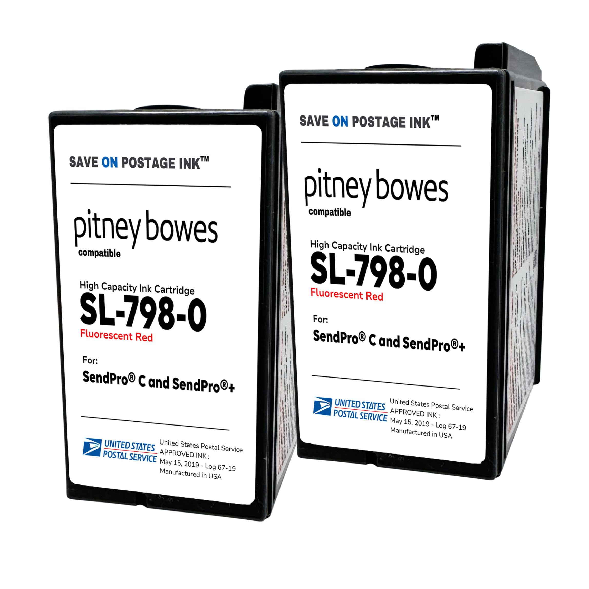 SL-798-0 Compatible Pitney Bowes Ink Cartridge (2 Pack) - Fluorescent Red Printer Ink Cartridge for SendPro+, SendPro C Series C200 C300 & C400 Postage Meters - Replacement Inkjet Printer Ink