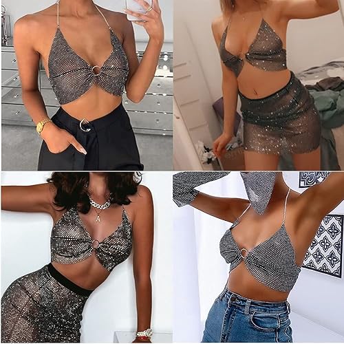 Miniatura 3 de Camiseta corta sin espalda con diamantes de imitación brillantes para mujer, sexy, halter, transparente, para salir por la noche, fiesta, club