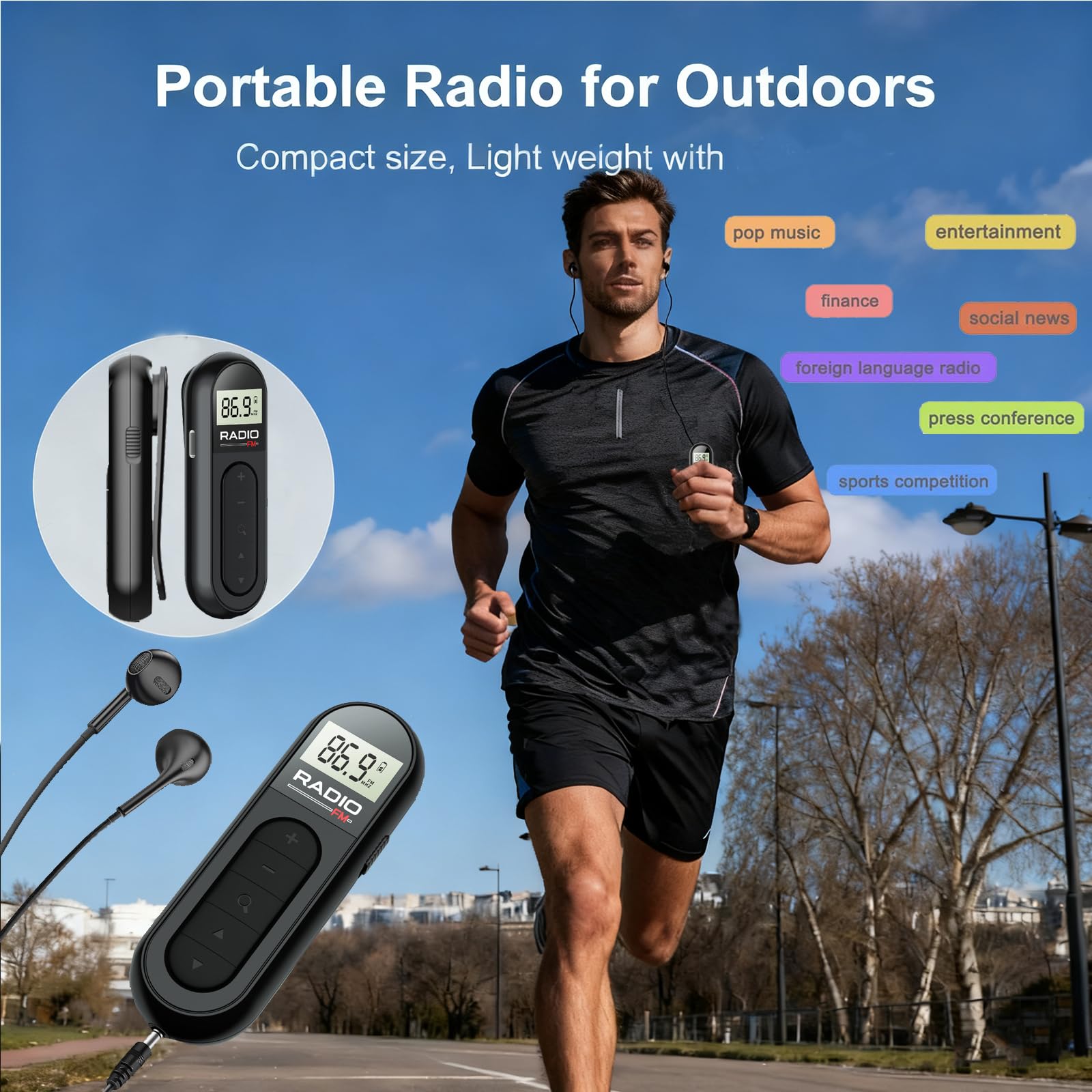 Tragbares Mini Taschenradio, wiederaufladbares FM Transistorradio mit gutem Empfang für Nachrichten und Rundfunk, geeignet für Sport, Laufen und Walking, inkl. Stereo-Kopfhörer, Schwarz