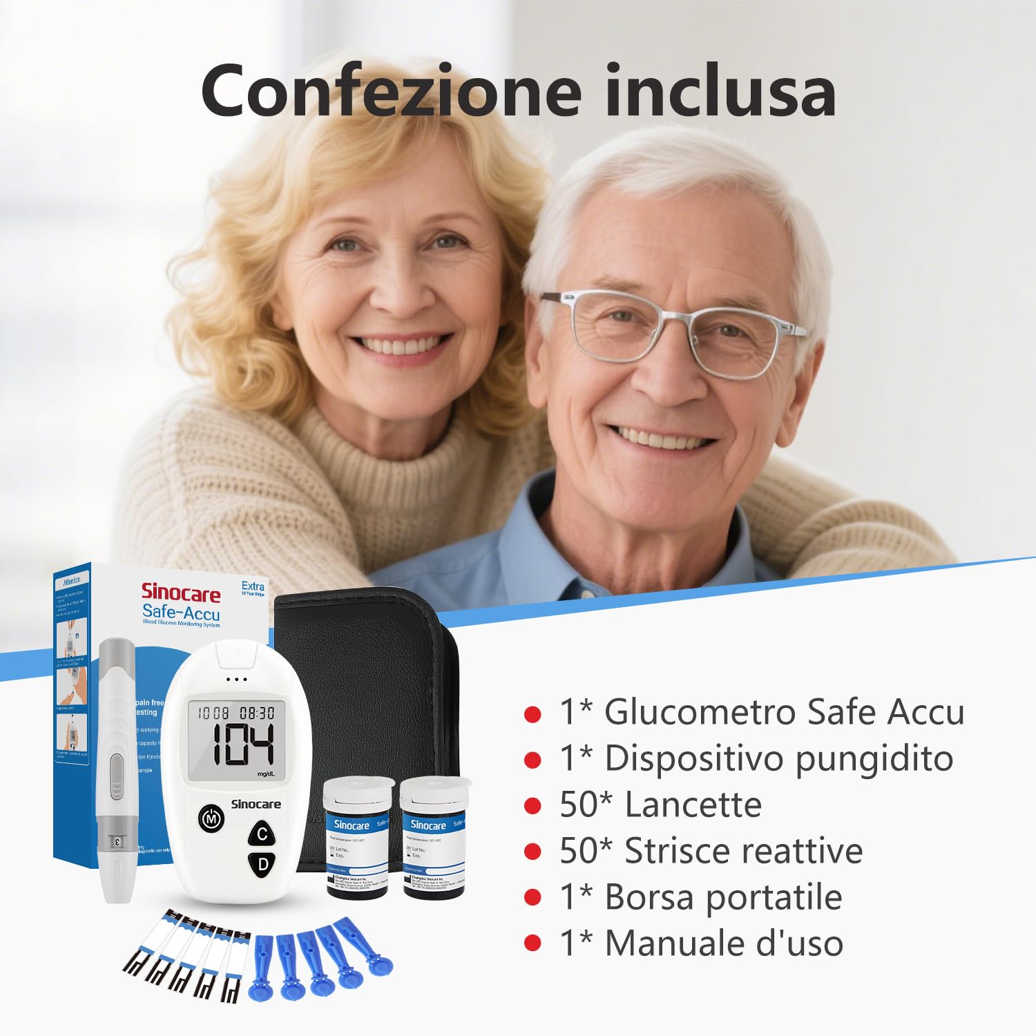Sinocare Glucometro Misuratore Glicemia nel Sangue, Kit Test Rapido di Zucchero nel Sangue con 50 Strisce Glicemia Reattive per Glucosio - mg/dL (Safe Accu)