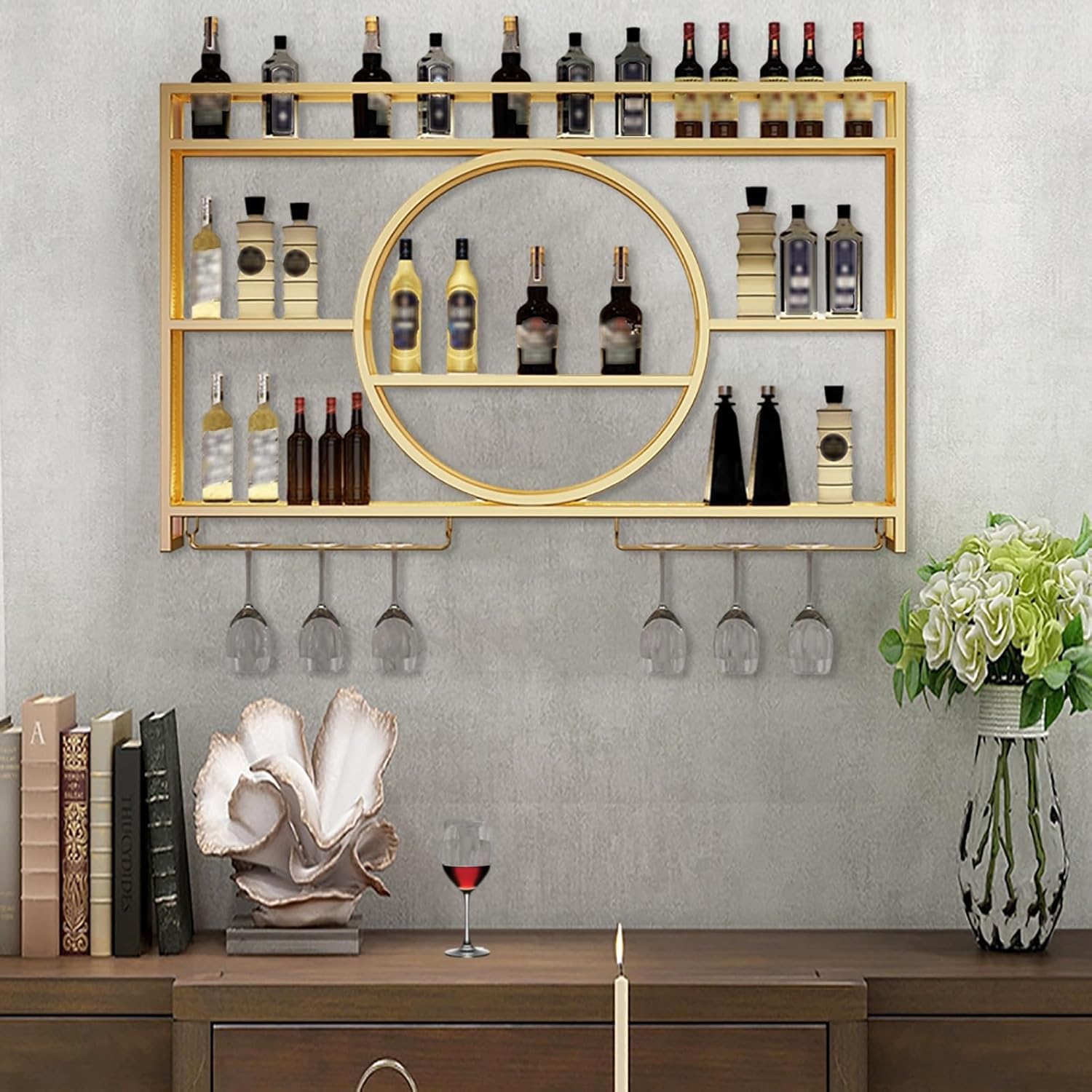 Porta Bottiglie da Parete，portabottiglie da Parete Bar Vetrina Espositore Bar Ad Angolo Cantinetta Portabottiglie in Polistirolo per Casa Bar Sala da Pranzo(Size:140 * 15 * 80cm,Color:Oro)