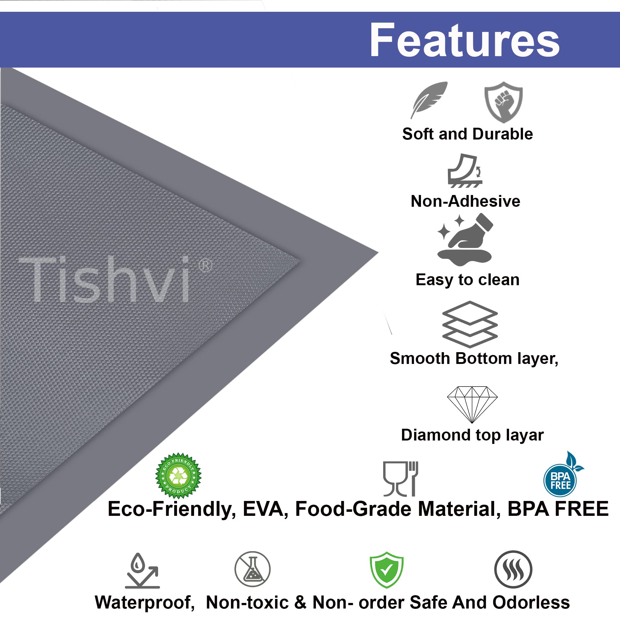 Tishvi Shelf Liner Kitchen Drawer Mats Anti Slip mat for Kitchen 45x500 cm, Non Adhesive EVA Material Fridge Liners Table Mats for Cupboard Cabinet Drawer Liner (Gray Diamond, 45x500 CM) 2