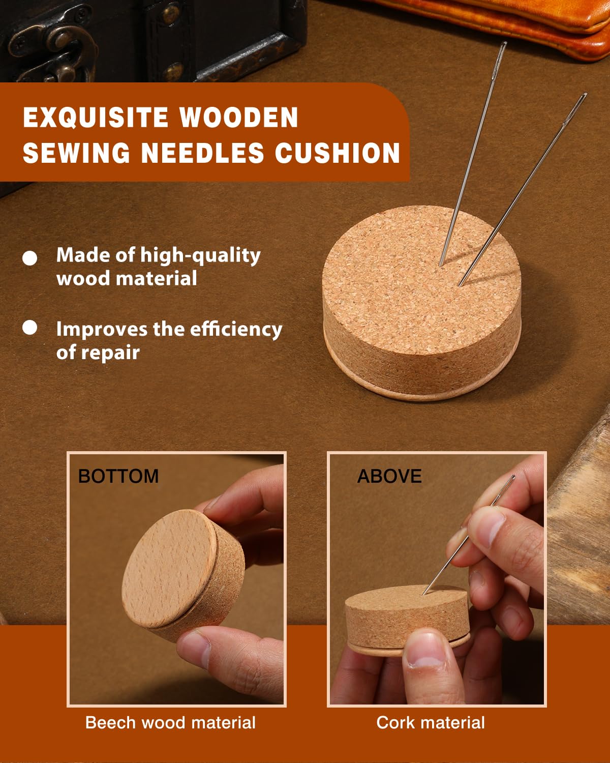FOUSNOW Juego de 36 agujas de coser resistentes, agujas de coser curvadas para coser a mano, agujas de coser de cuero con cojín de agujas de coser de madera, estuche de agujas para reparación de