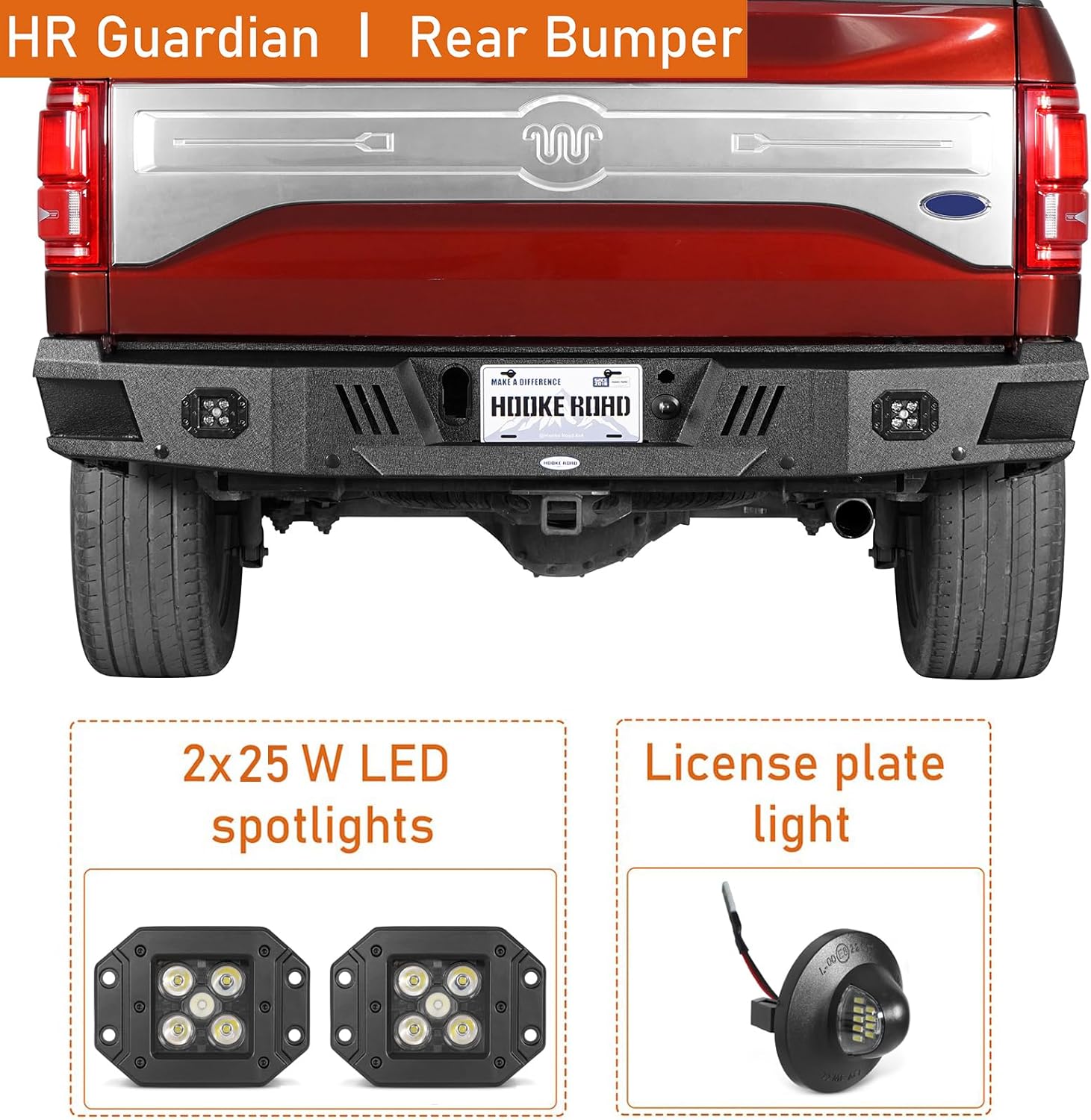 Hooke Road 15-17 F150 Front and Rear Bumper Set w/Grille Guard Protector for 2015 2016 2017 Ford F-150(Exclude Raptor), Offroad Steel Bumper Brush Push Bar with Winch Plate, LED Lights