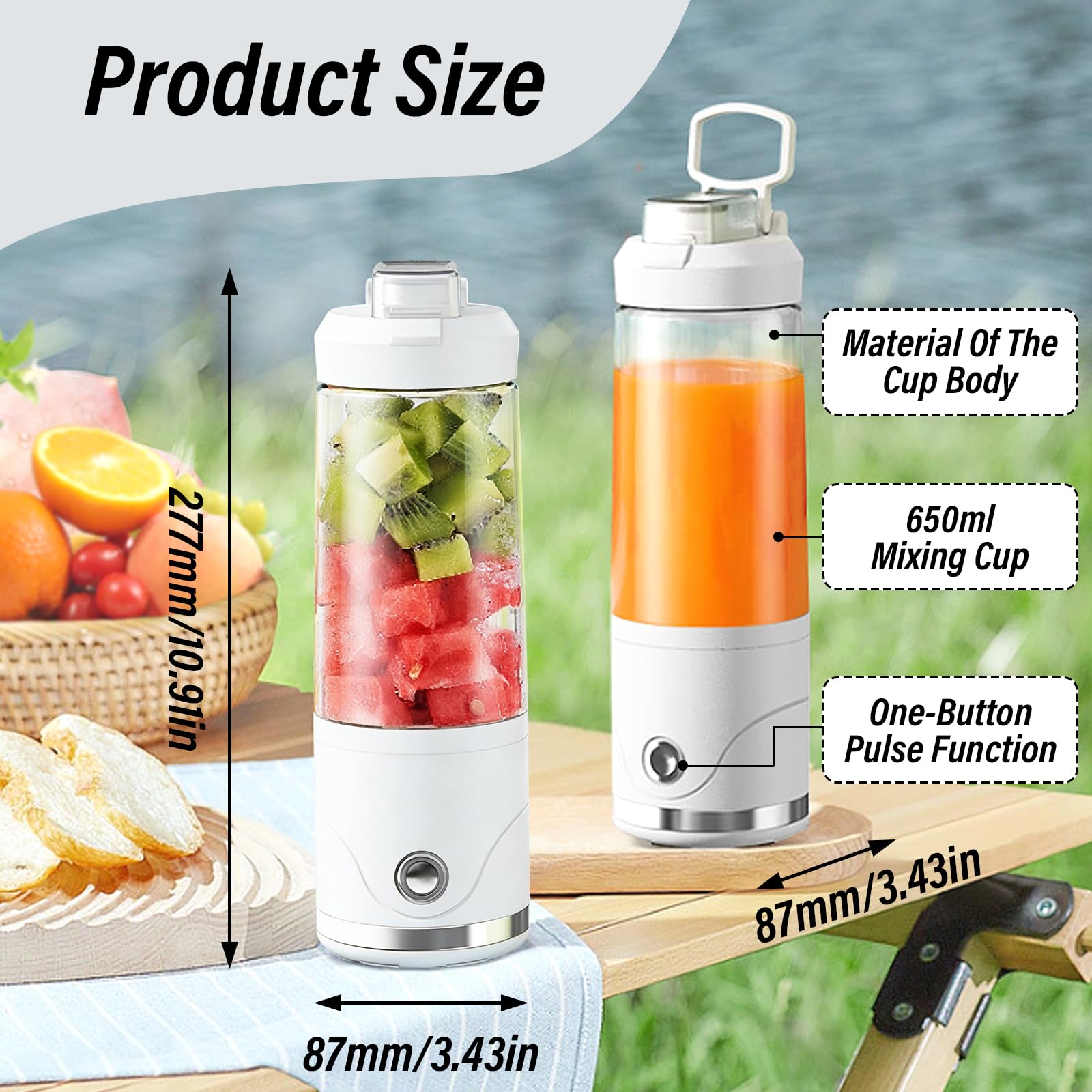 Frullatore portatile, frullatore personale da 650 ml, ricaricabile tramite USB-C, 6 lame in acciaio inox, tritura ghiaccio, senza BPA e bottiglia da viaggio ermetica, per casa, palestra, ufficio