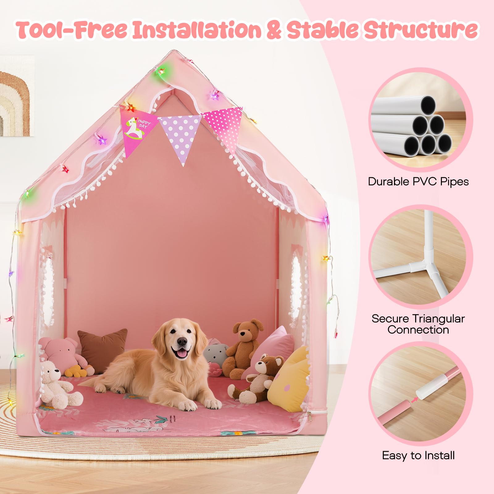 130CM Tienda Campaña Infantil Casita Infantil Exterior Tienda de Juego para Niños con Toldo Tienda de Juegos Interior y Luces Rincón Acogedor para Niños Playhouse Infantil Casa de Juegos