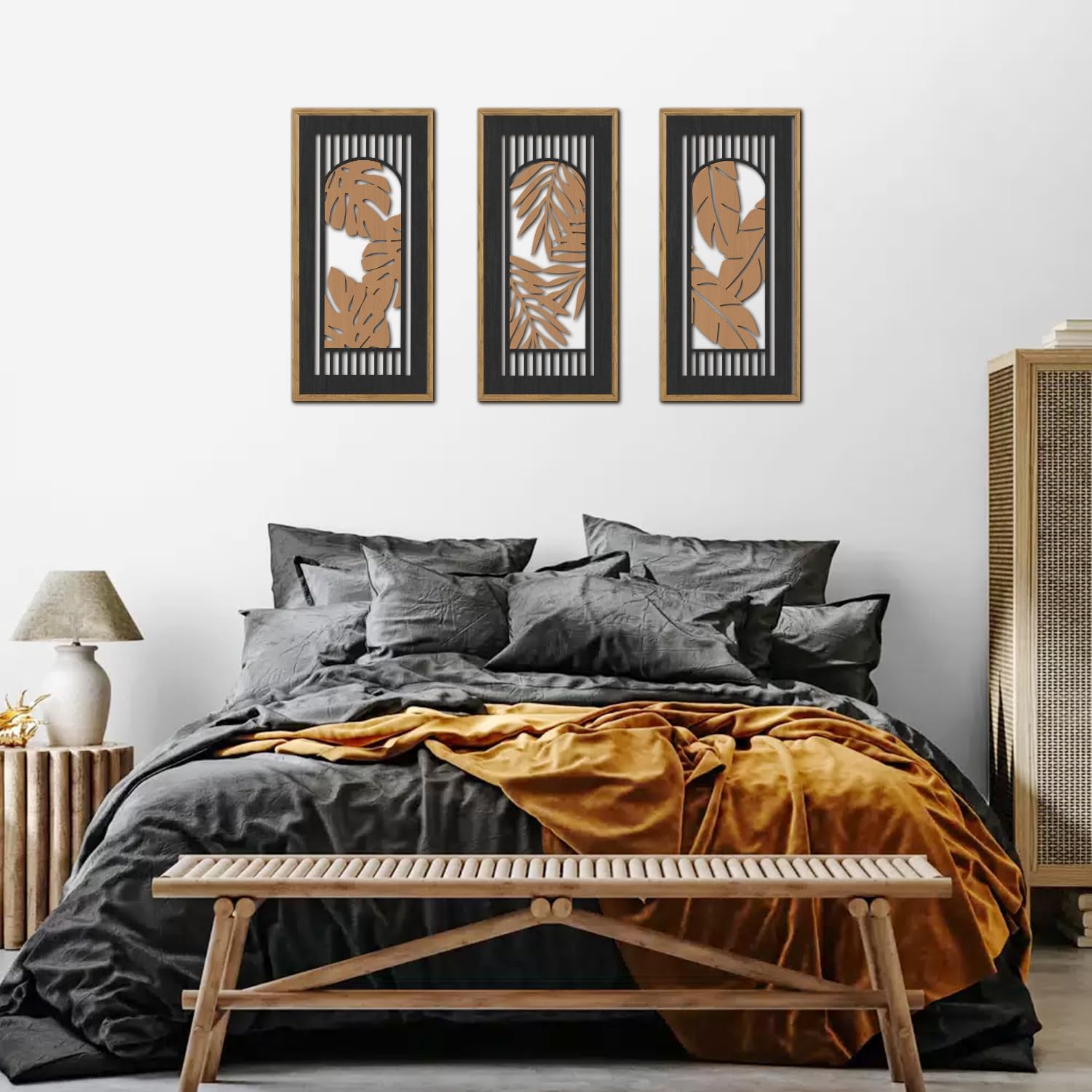 KAIRNE Rustic Tropical Boho Wall Decor,Palm Leaf Wooden Sign for Bathroom,Vintage Leaf Plant Hanging Wood Plaque Bohemian Wall Art Botanical Picture for Living Room Decoration 3 pcs(8x16Inch)