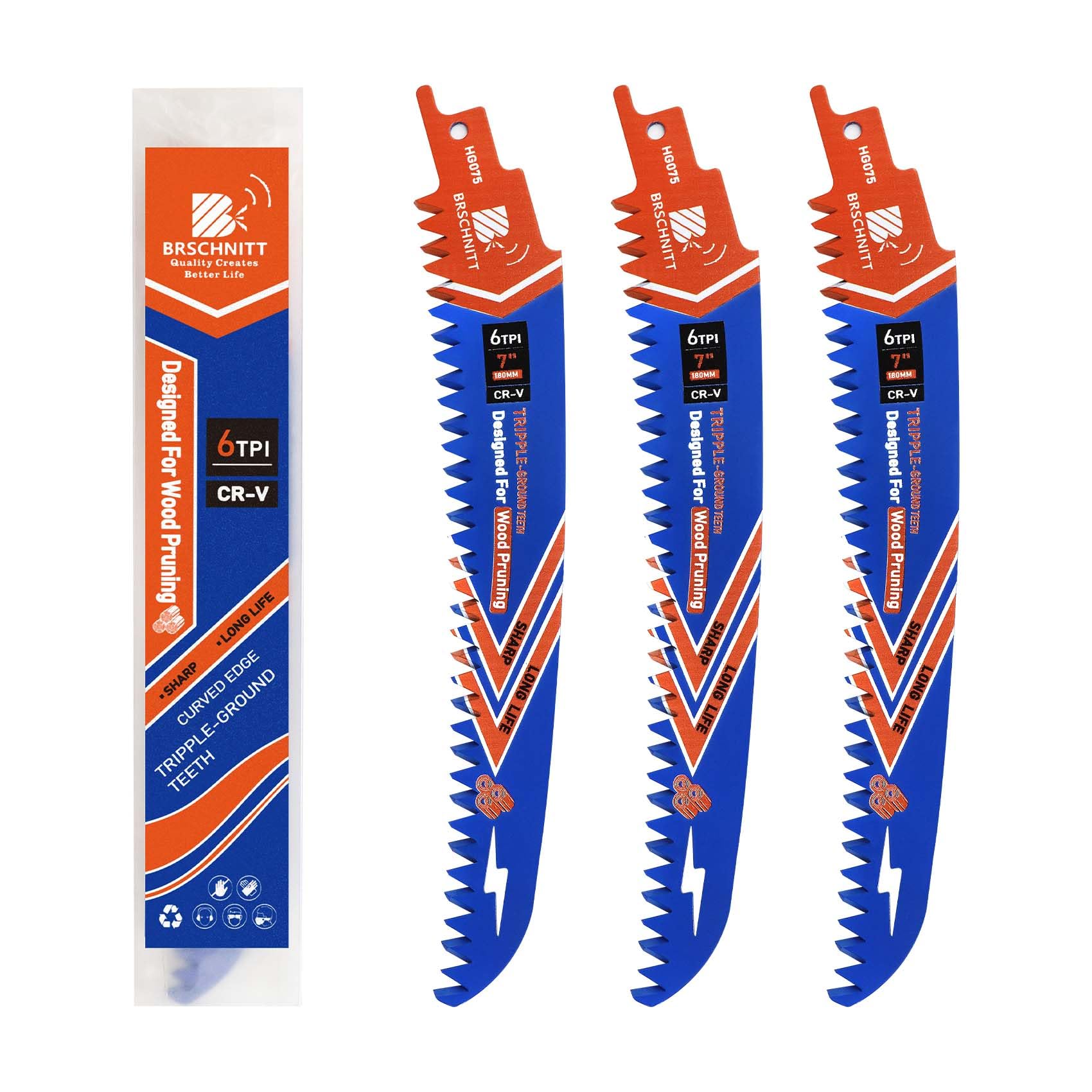 BRSCHNITT Japanese Teeth Reciprocating Saw Blades 180mm 3PCS - Curved Edge Wood Pruning Saw Blades 6TPI for Tree Trimming,Wood Cutting,Cr-V Sabre Sawzall Blades — image 1