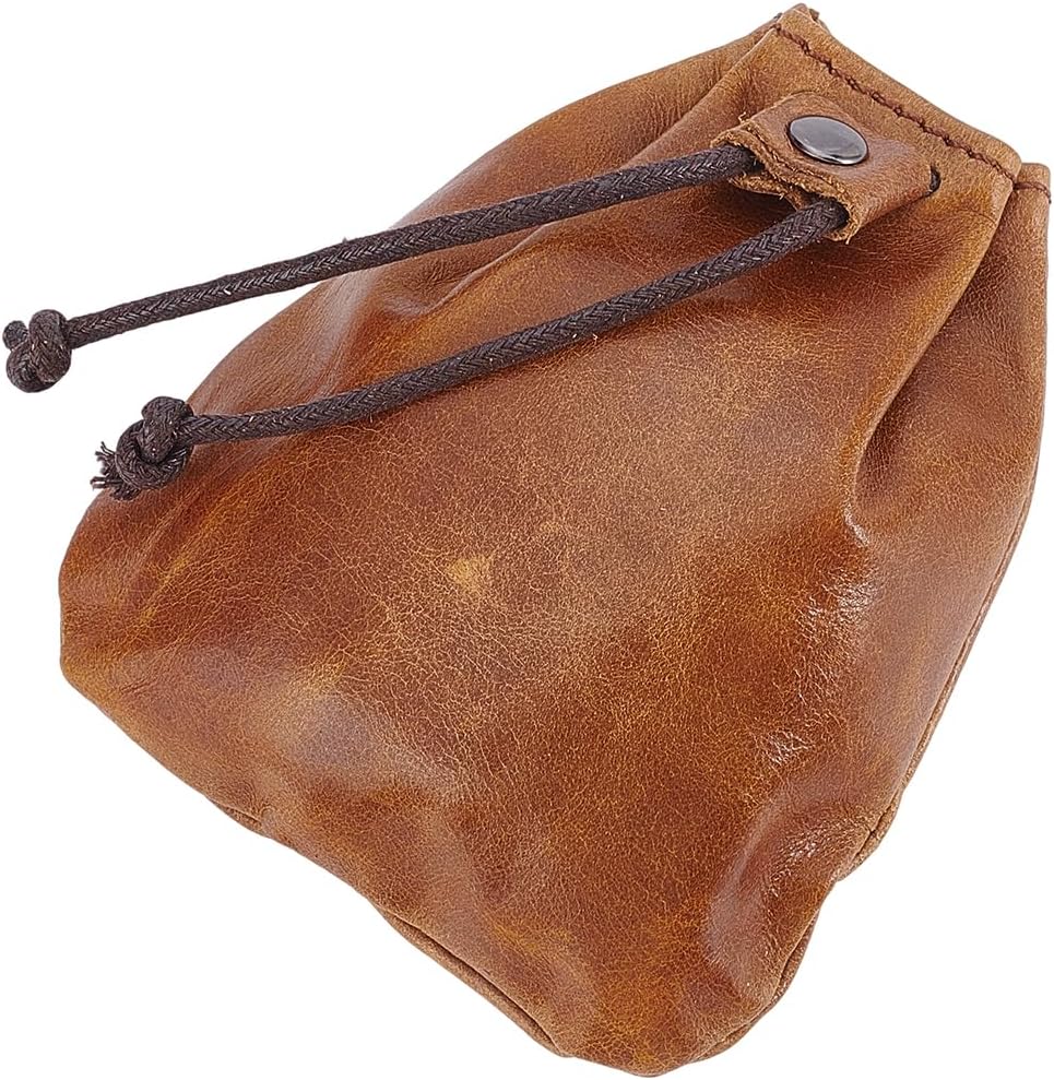 Beebeecraft 4.7x4.1 Inch Leather Drawstring Pouch Cowhide Vintage Brown Small Coin Pouch Bags Genuine Medieval Wallet for Storage Earphone Jewelry