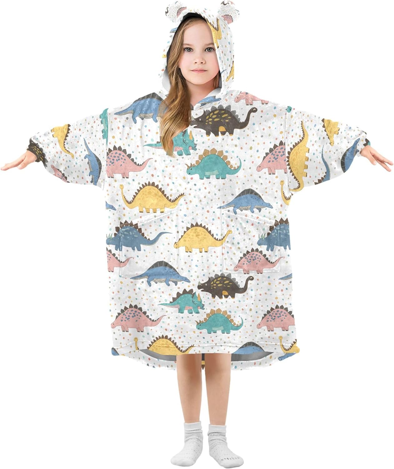 Cute Dinosaur Kids Wearable Blanket Hoodie with Pocket and Sleeves for Toddlers, Cute Hoodies Girls Boys B0404099