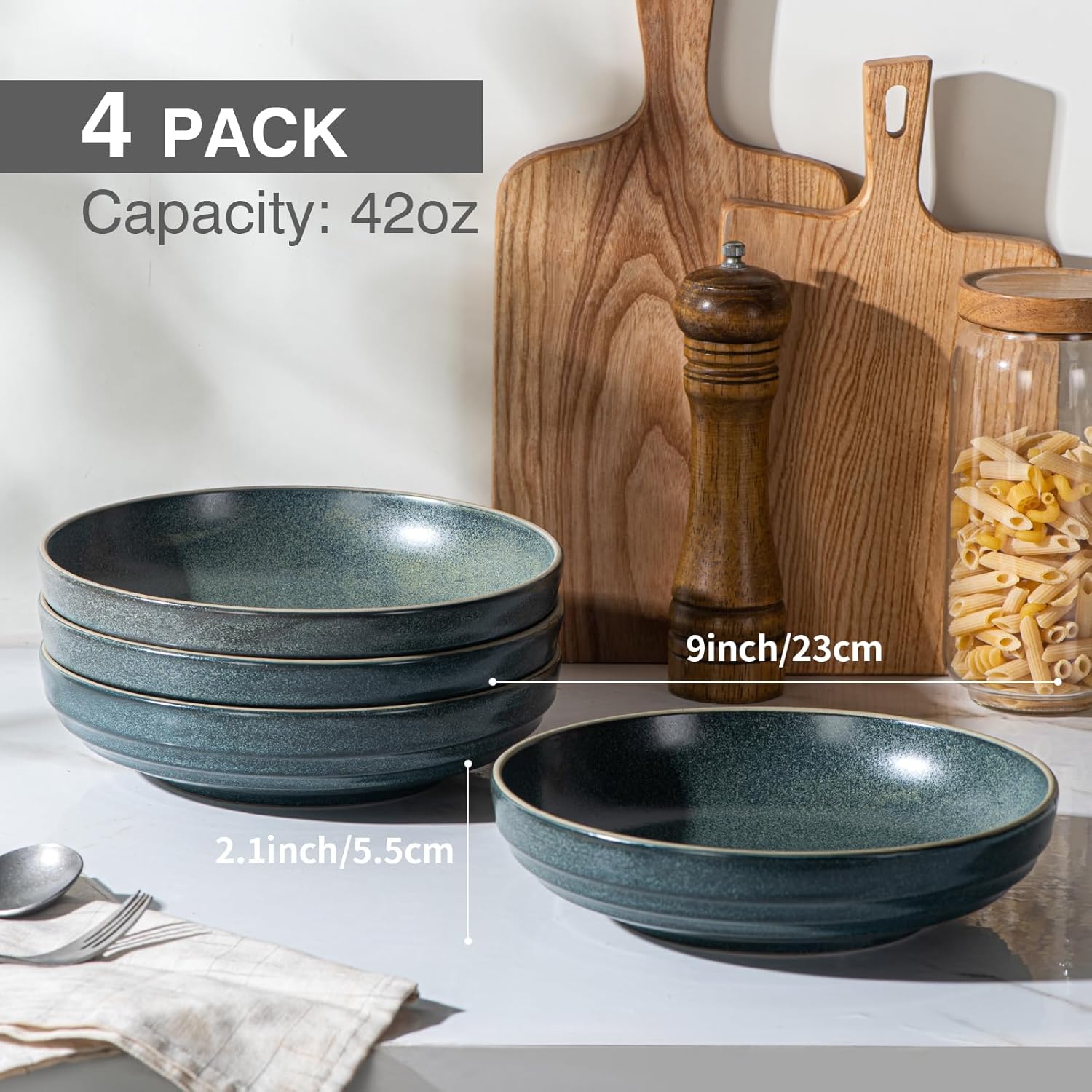 HAPPY KIT 9'' Pasta Bowls, 42oz Pasta Bowls Set of 4, Large Salad Bowl, Ceramic Serving Bowls,Double Reactive Glaze, Ideal for Housewarming, Festivals, Microwave Safe (Peacock Blue) - Image 4