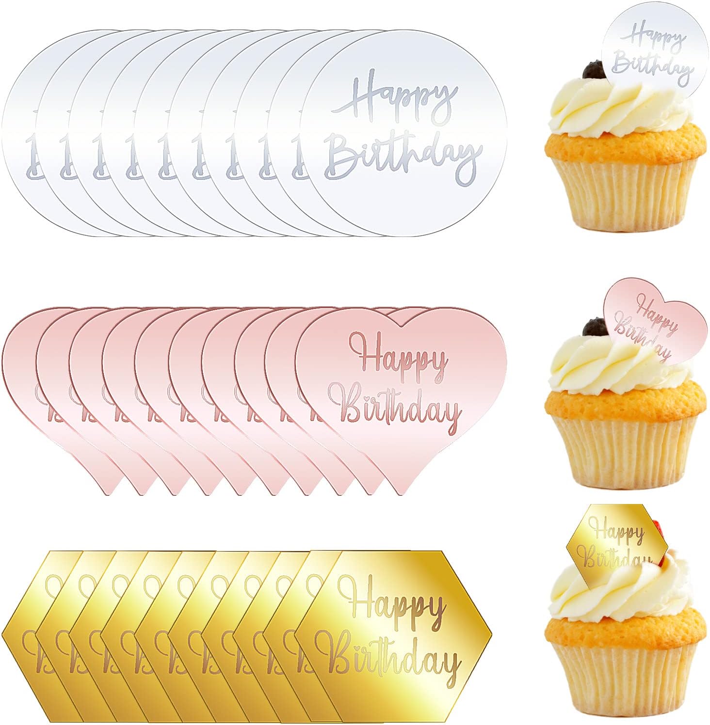 - 30 PCS Mirror Acrylic Disc Cupcake Topper, Gold Hexagon, Silver Round Rose and Gold Heart Happy Birthday Cake Toppers, Birthday Party DIY Dessert Cup Cupcake Decoration
