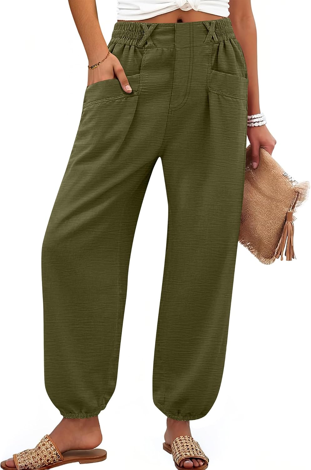 ANRABESS Womens Pants Elastic Waist Summer Casual Harem Barrel Lounge Work Slacks Cropped Beach Vacation Clothes with Pockets