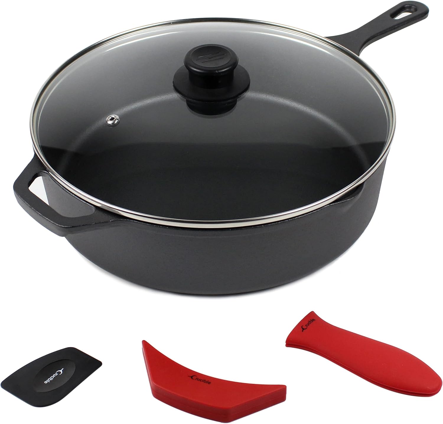 Crucible Cookware 12-Inch Cast Iron Skillet Set (Pre-Seasoned - EXTRA DEEP Sauté Pan), Including Large & Assist Silicone Hot Handle Holders, Glass Lid, Scraper | Indoor & Outdoor Use
