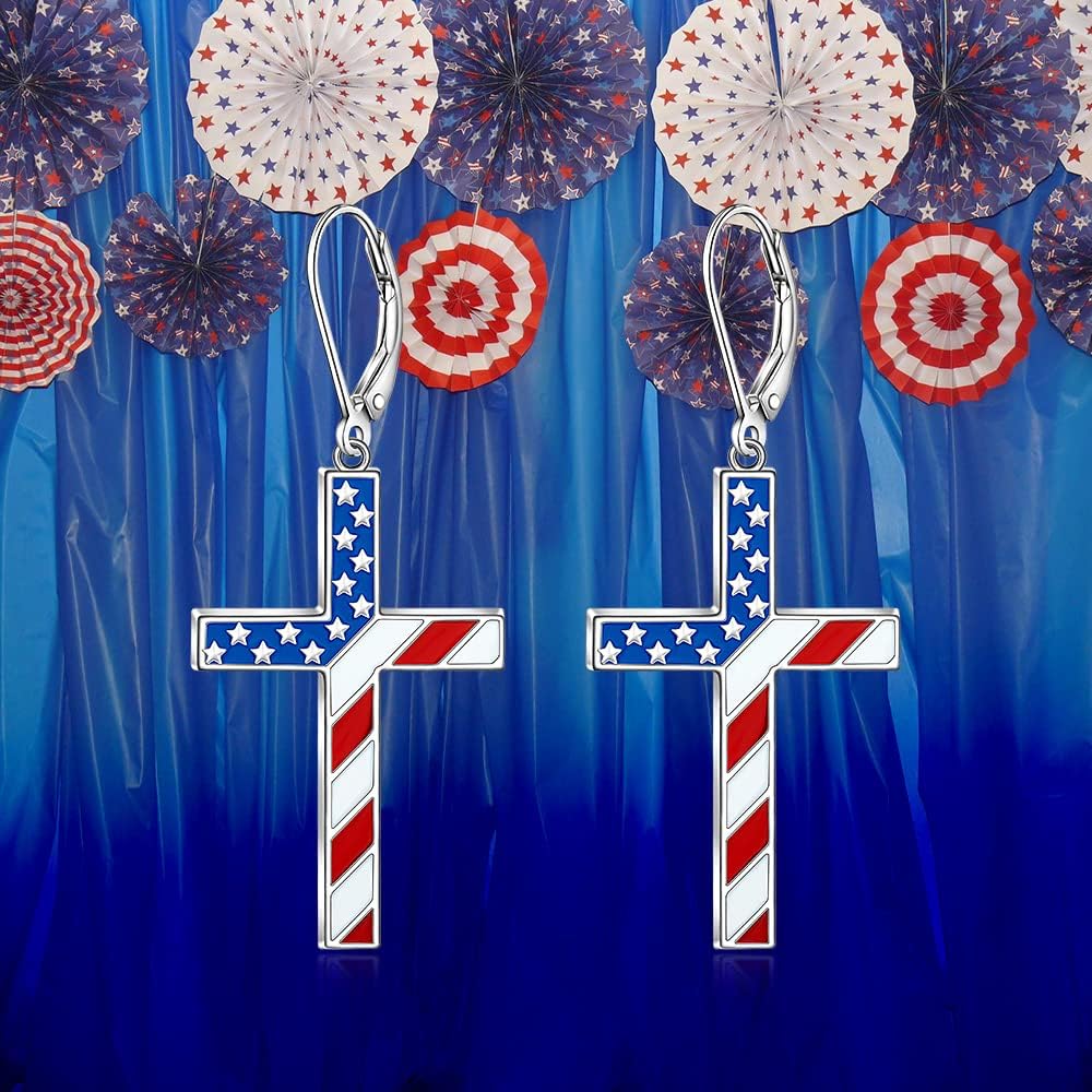Patriotic 4th of July Earrings for Women Cross Fourth of July American Flag Earrings Dangle Sterling Silver Red White and Blue Veterans USA Independence Day Gifts - Image 5