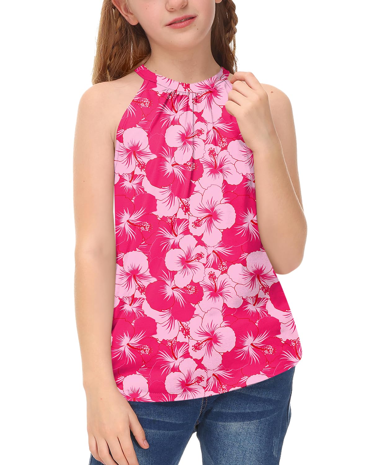 BesserBay Girls Summer Back Button Halter Neck Tank Top Cold Shoulder Casual Blouse Pleated Sleeveless Shirts 5-14 Years