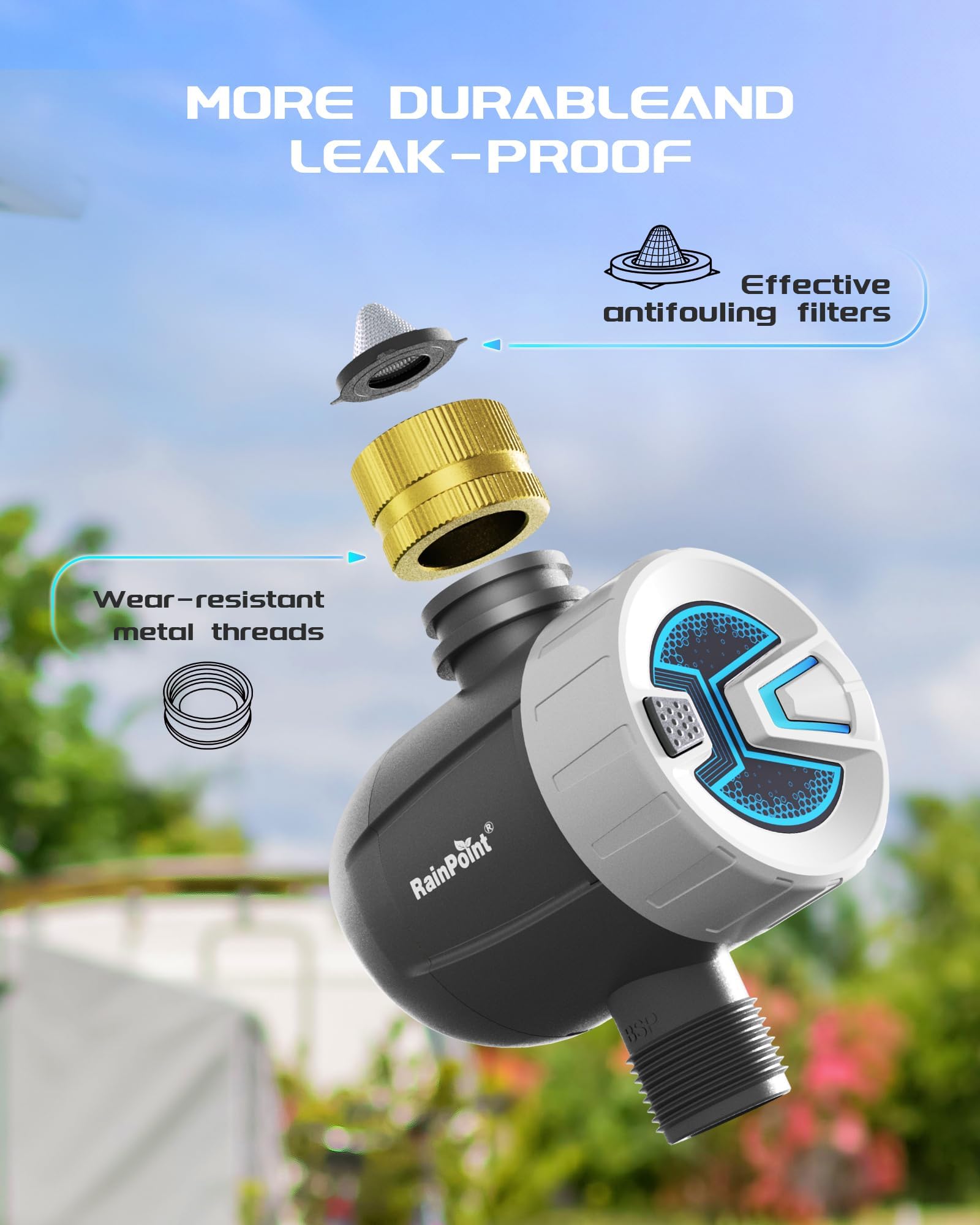 RAINPOINT WiFi Sprinkler Timer Water Timer, Brass Inlet Smart Hose Faucet Timer, Automatic Irrigation System Controller for Yard Watering, APP Control via 2.4Ghz WiFi and Bluetooth (V2, 2024 Release)