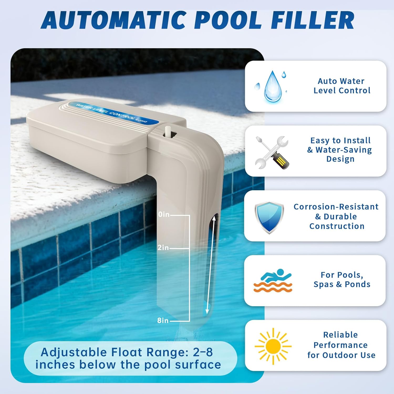 Automatic Pool Water Leveler with Adjustable Float Valve, Pool Auto Fill, Pool Water Leveler Auto Fill, Automatic Pool Filler, White