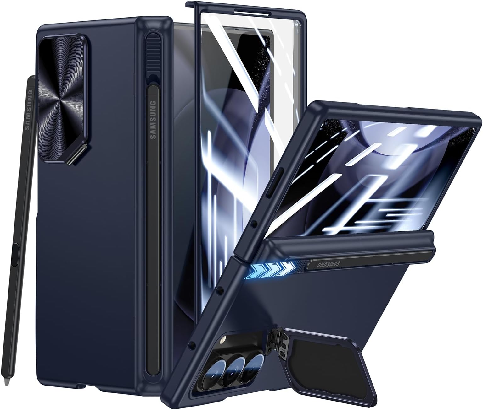 for Samsung Galaxy Fold6 Case: Phone Cover with [ Pen Slot ][ Built-in Camera Stand ] - Slim case with Wireless Charging Hinge Protection Screen Protector for Samsung fold 6 5G 2024 (Blue)