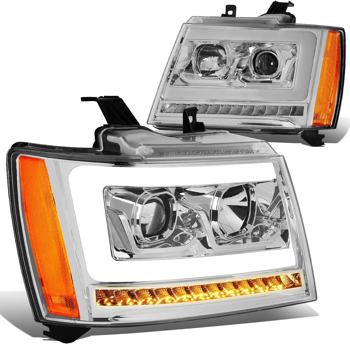 Auto Dynasty LED DRL Headlights Assembly Compatible with 2007-2014 Chevy Tahoe Suburban Avalanche, Driver Passenger Side Projector Headlamps w/LED Sequential Turn Signal, Chrome Housing Amber Corner
