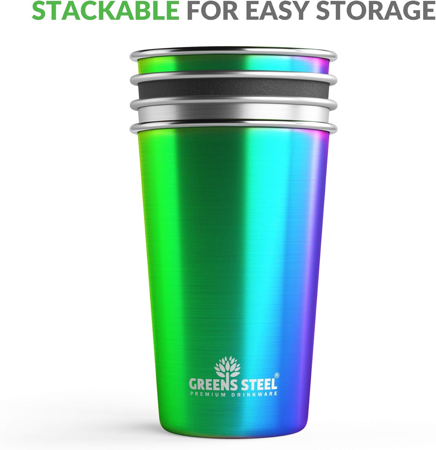Greens Steel Premium Stainless Steel Cups Rainbow 16oz (4 Pack) and Stainless Steel 16oz (4 Pack) Bundle - Durable Stackable BPA Free Metal Cups