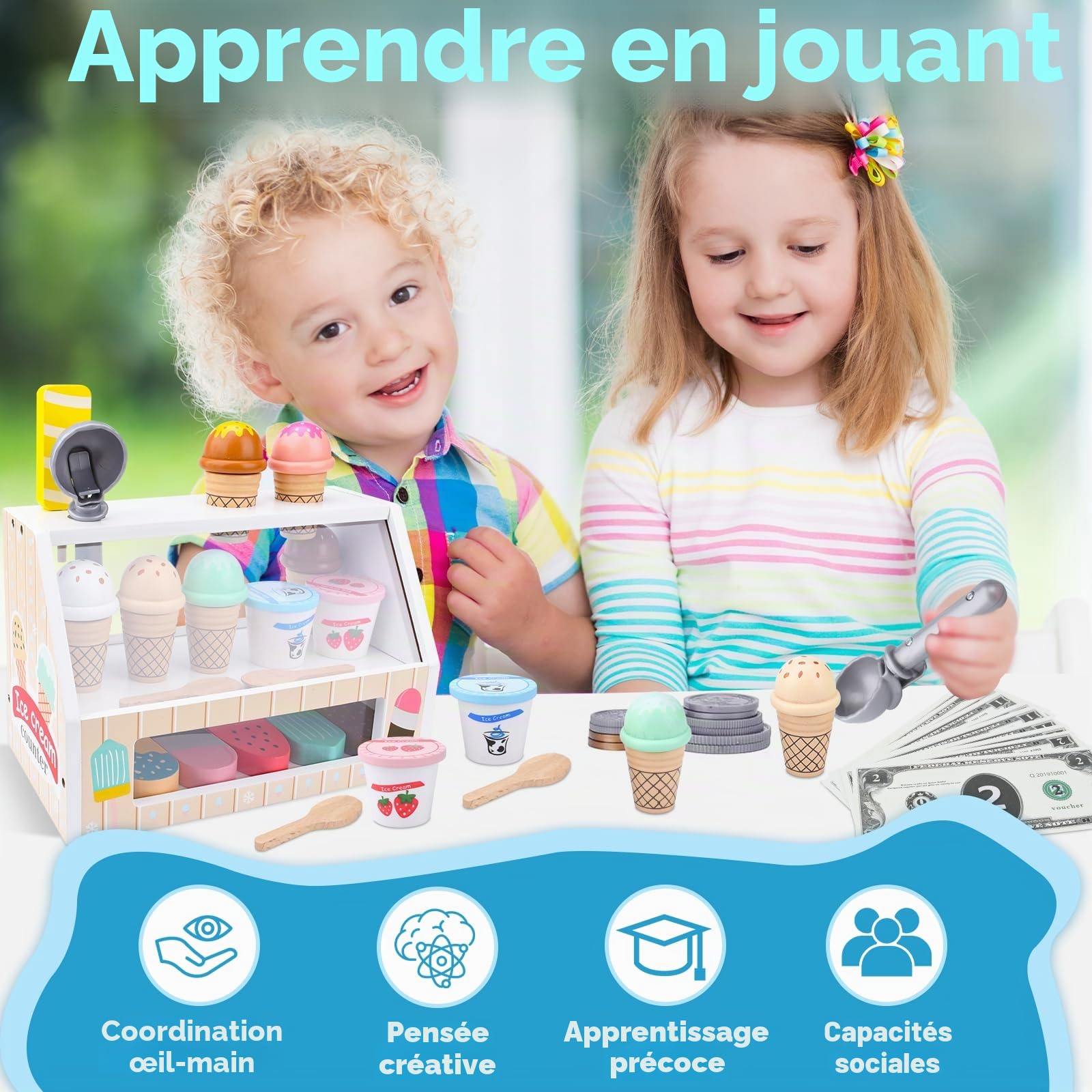 Glacier en Bois pour Enfant,Glacier Jeu Accessoires de Cuisine,Jouets de Crème Glacée en Bois pour Enfant,Marchande en Bois Jeu Éducatif Cadeaux pour Fille 3 4 5 6 Ans