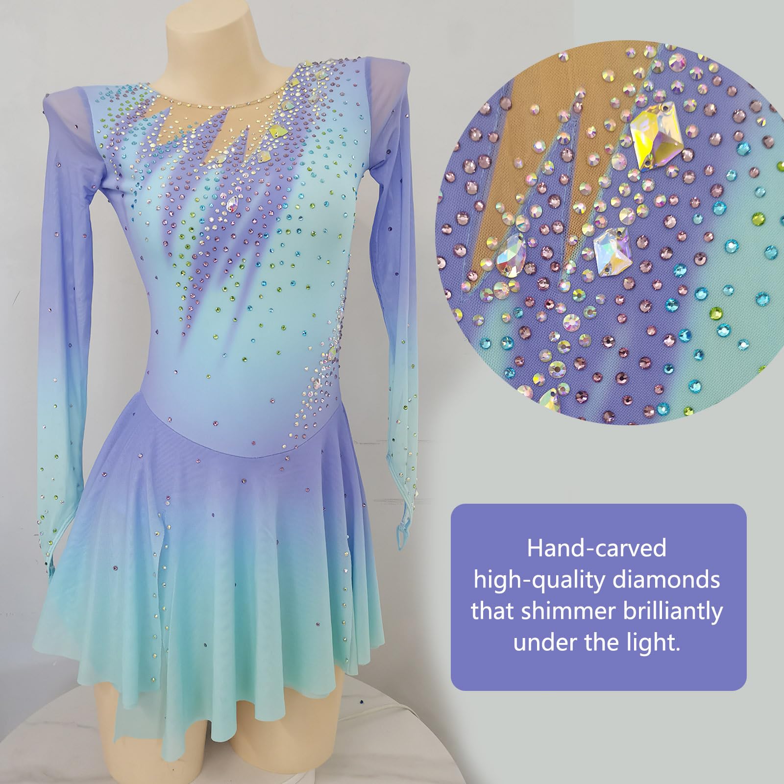 LIUHUO Robe de Patinage Artistique élégante pour Filles et Femmes avec Jupe de Danse sur Glace dégradé Bleu